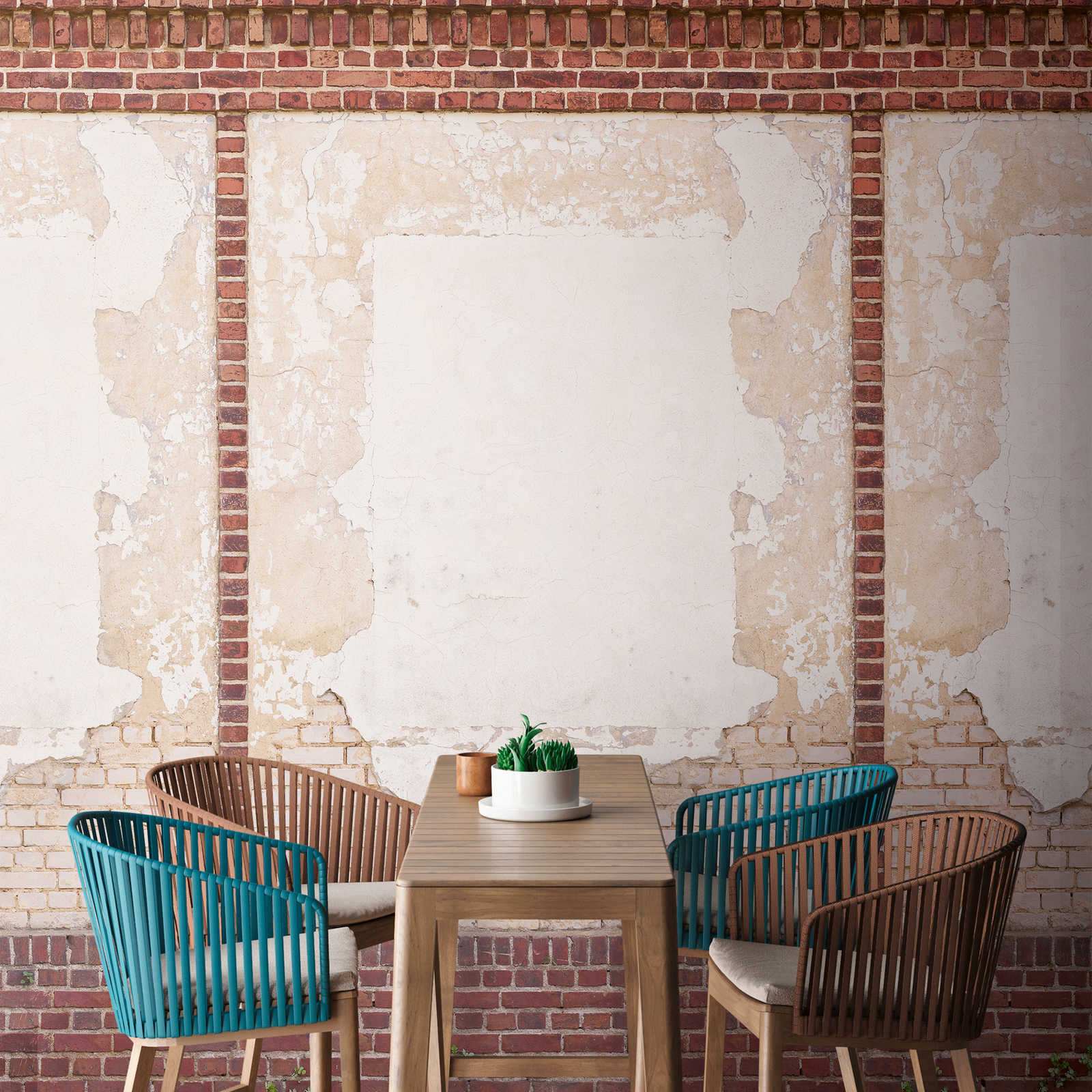 Non-woven wallpaper brick look in used look - brown, beige, red
