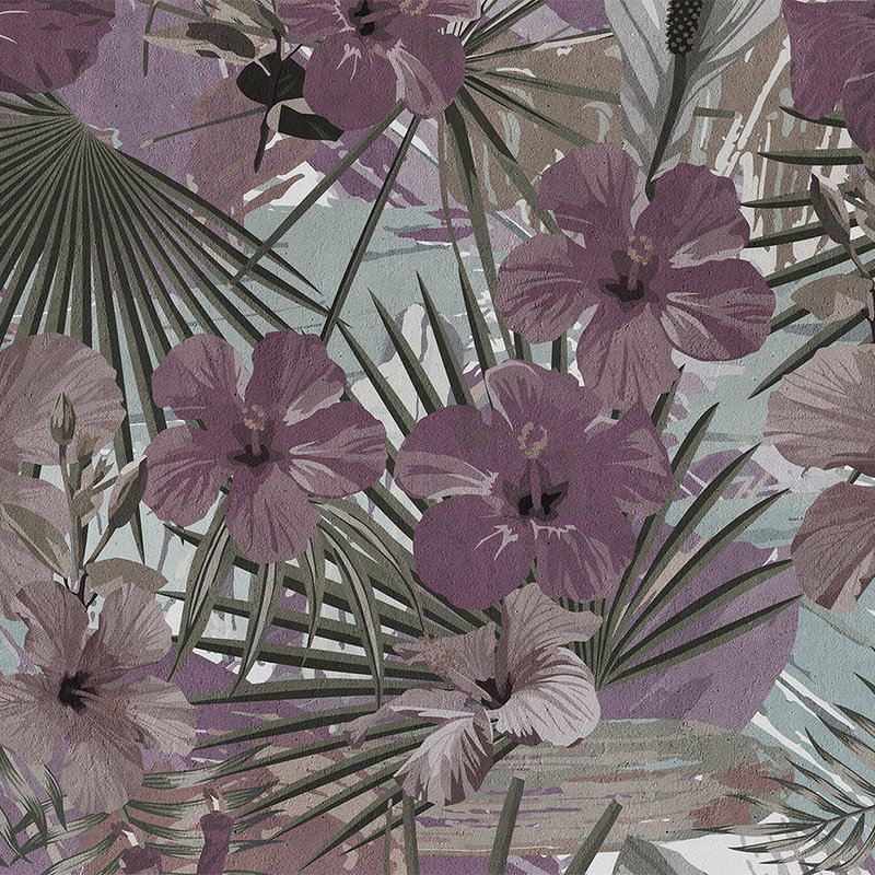Papel pintado de palmeras y flores de la selva - Morado, Verde
