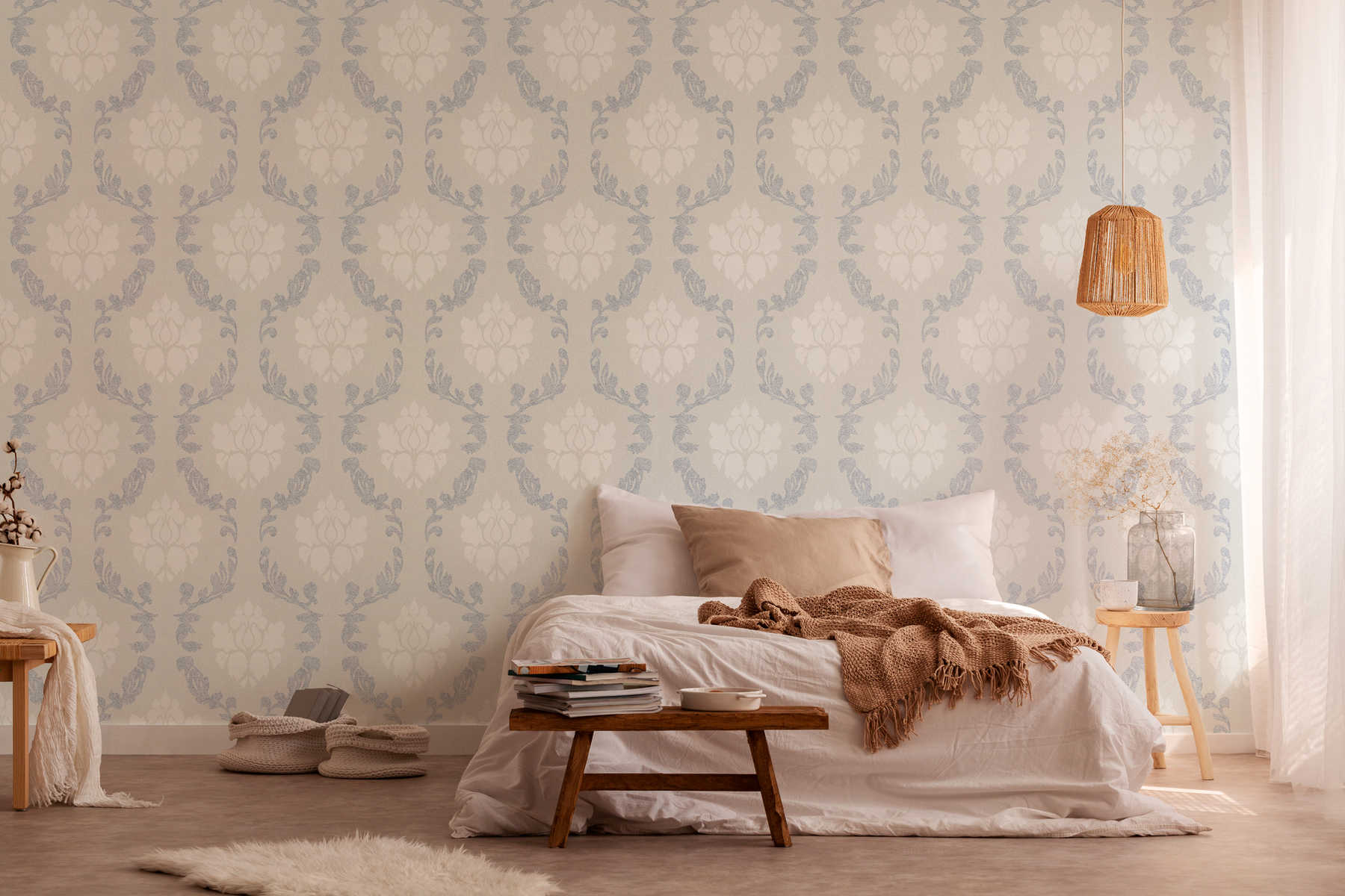             Ornament wallpaper with linen look - beige, cream, blue
        