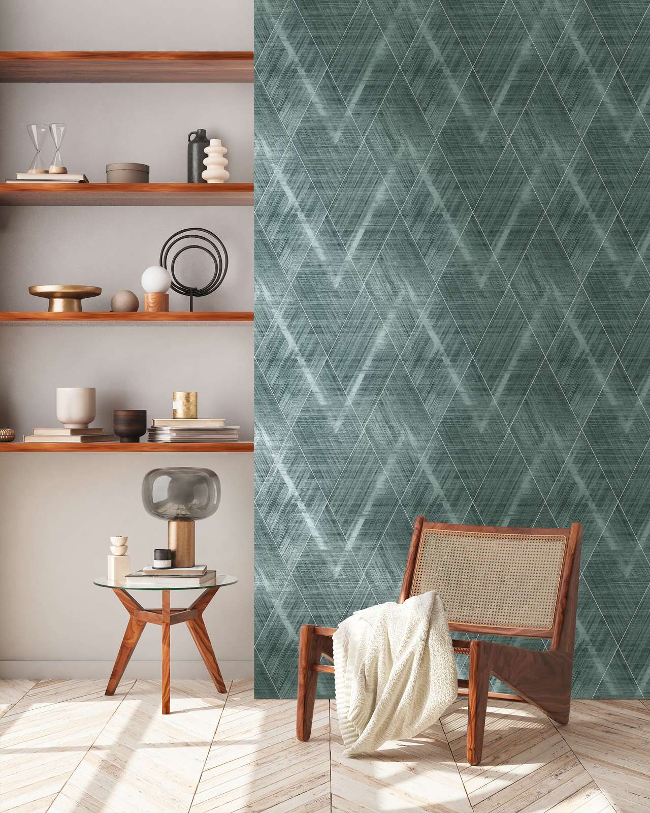             Lozenge wallpaper with mottled textile look - metallic, green
        