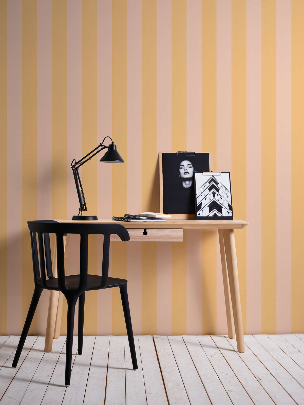             Non-woven wallpaper with block stripes in soft shades - orange, pink
        