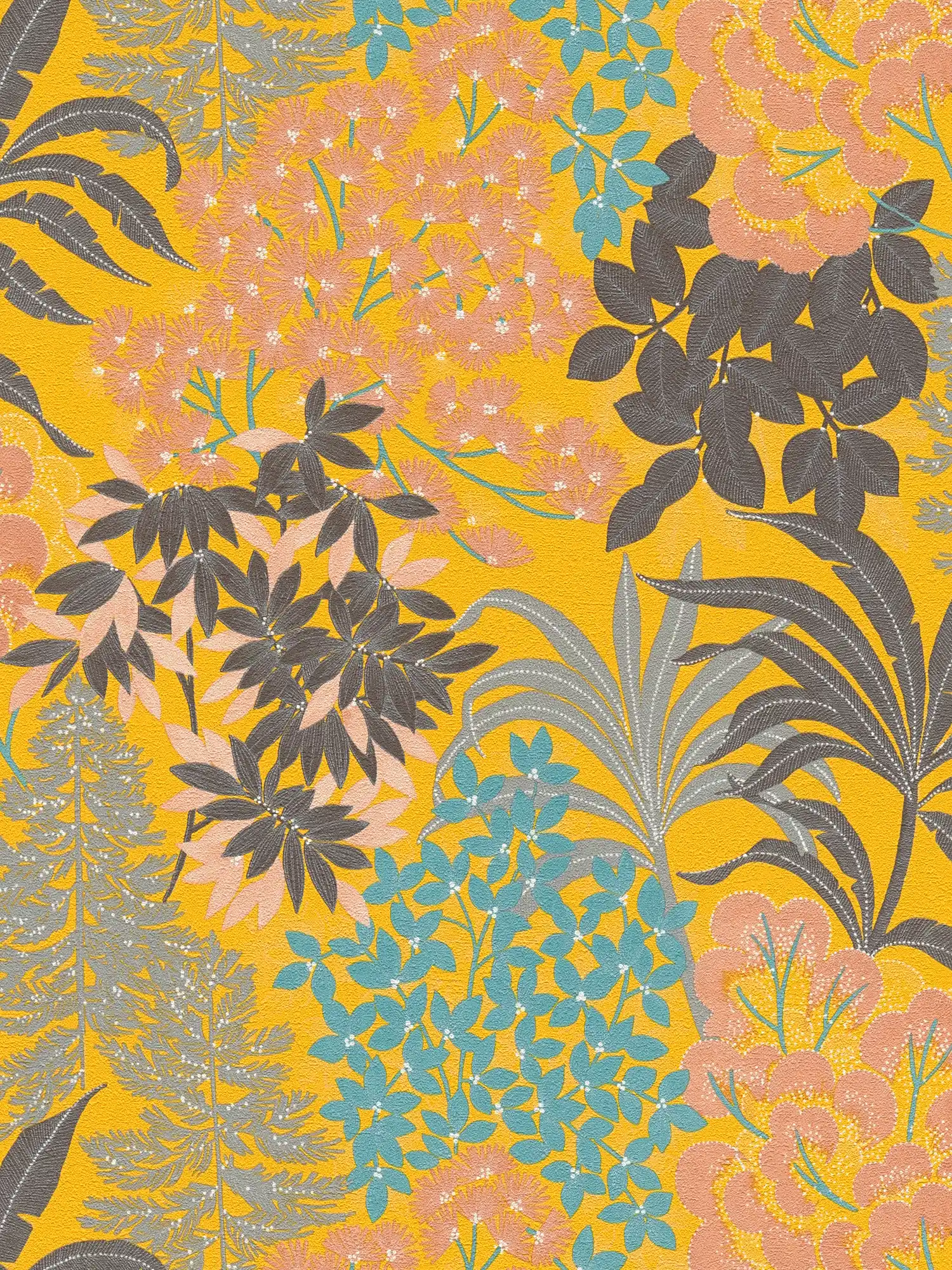 Eye-catching floral wallpaper in bold colours - yellow, black, pink
