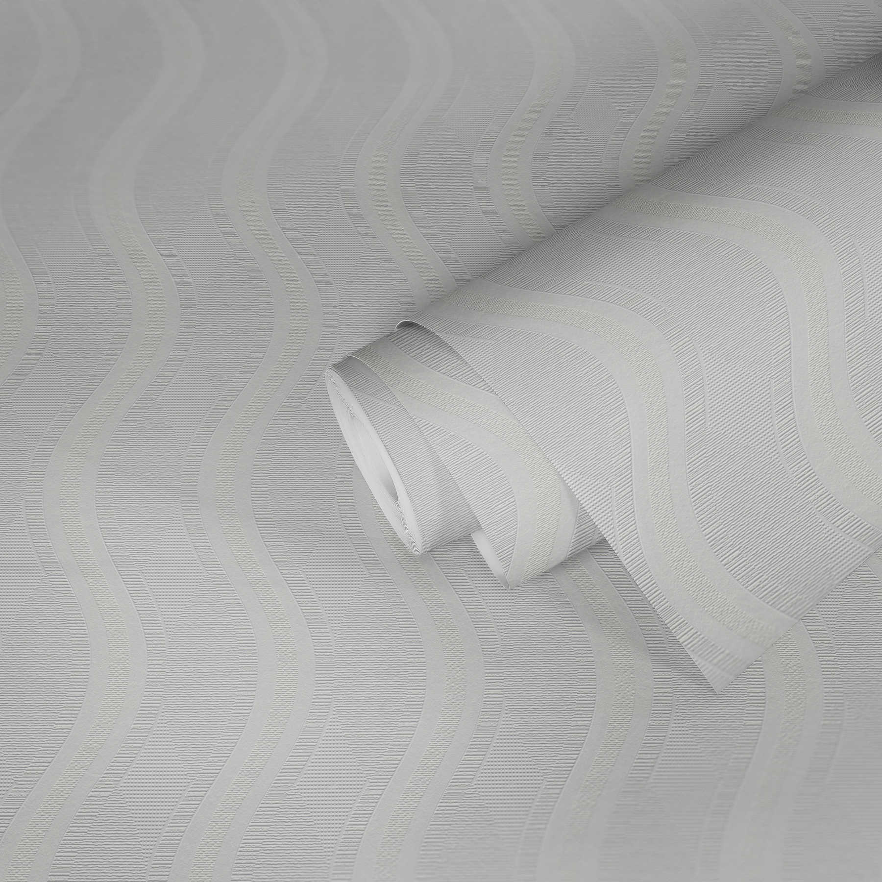             Papel pintado retro blanco con motivos geométricos ondulados - blanco
        