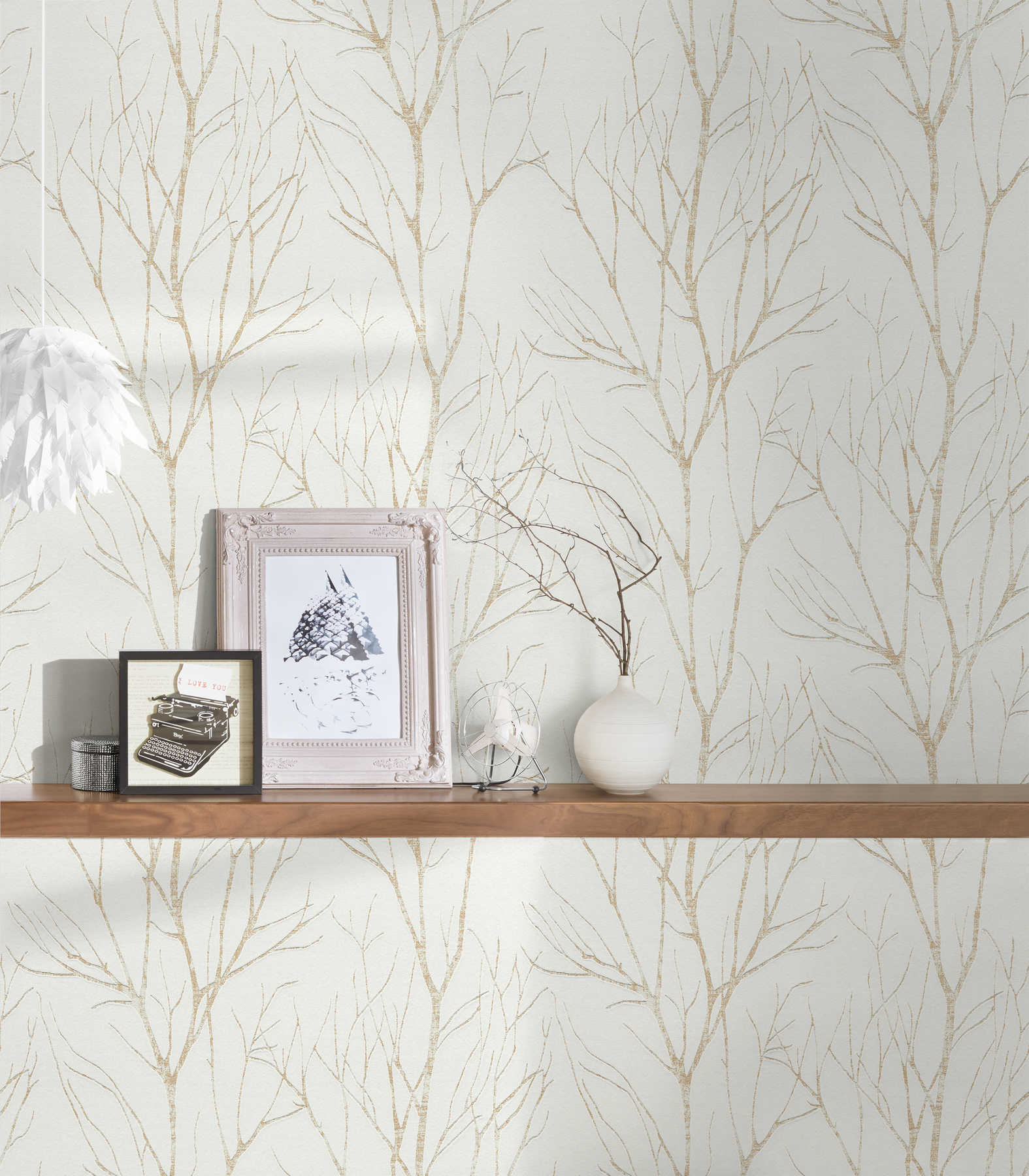             Non-woven wallpaper tree motif & metallic effect - beige, cream, metallic
        