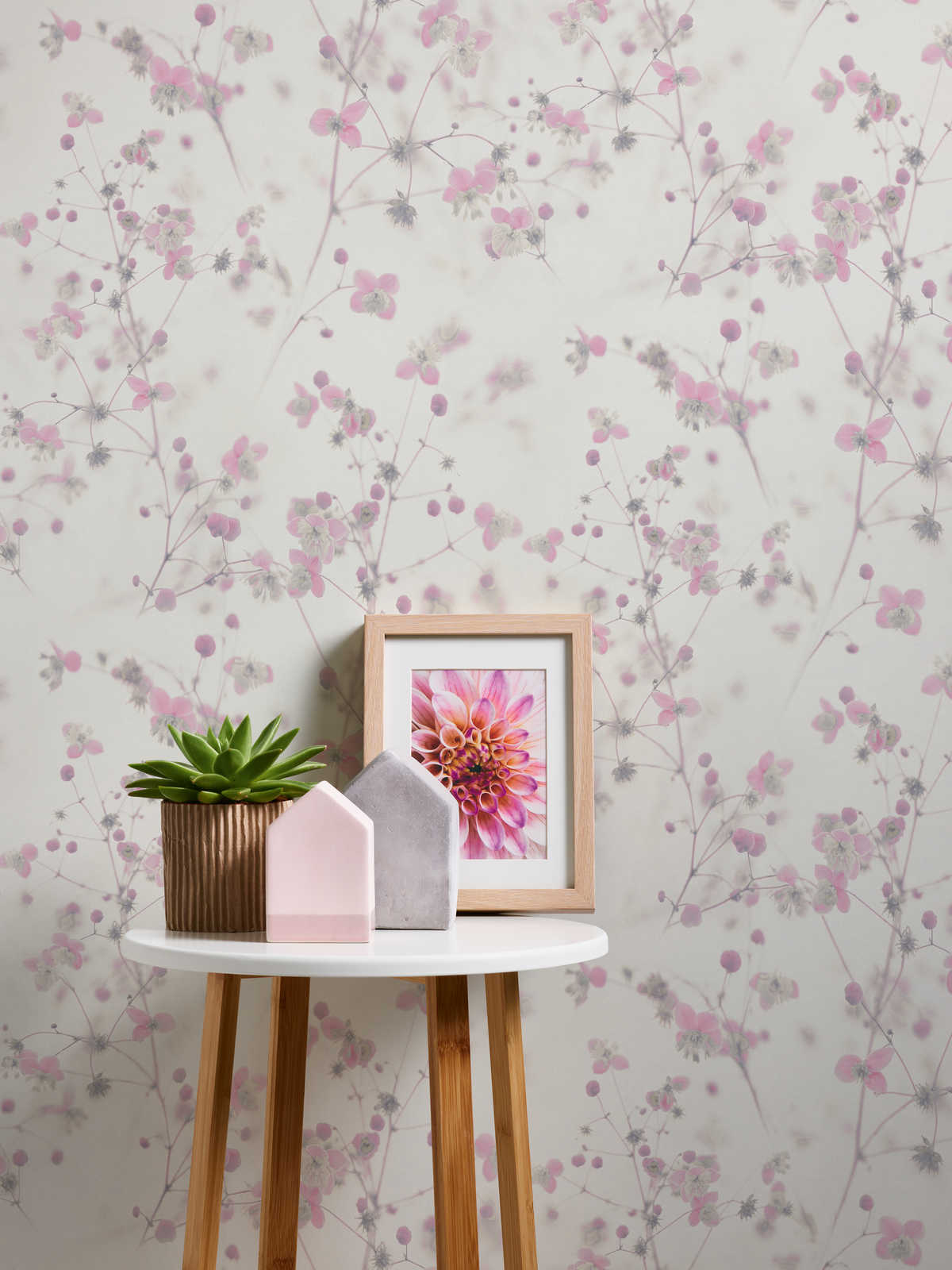             Modern landhuisbehang bloemenpatroon - grijs, roze
        