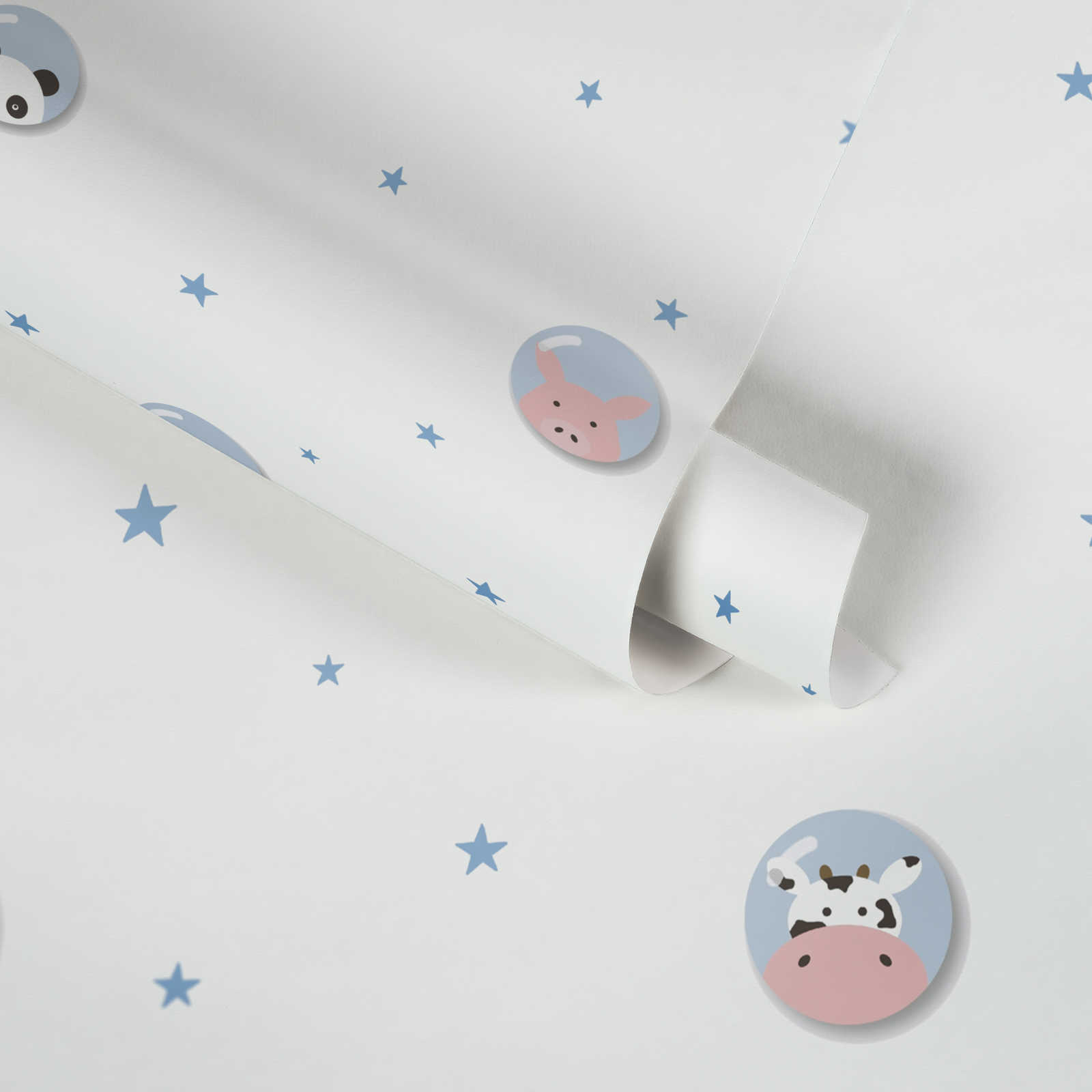             Papier peint chambre enfants animaux & étoiles - bleu, blanc, rose
        
