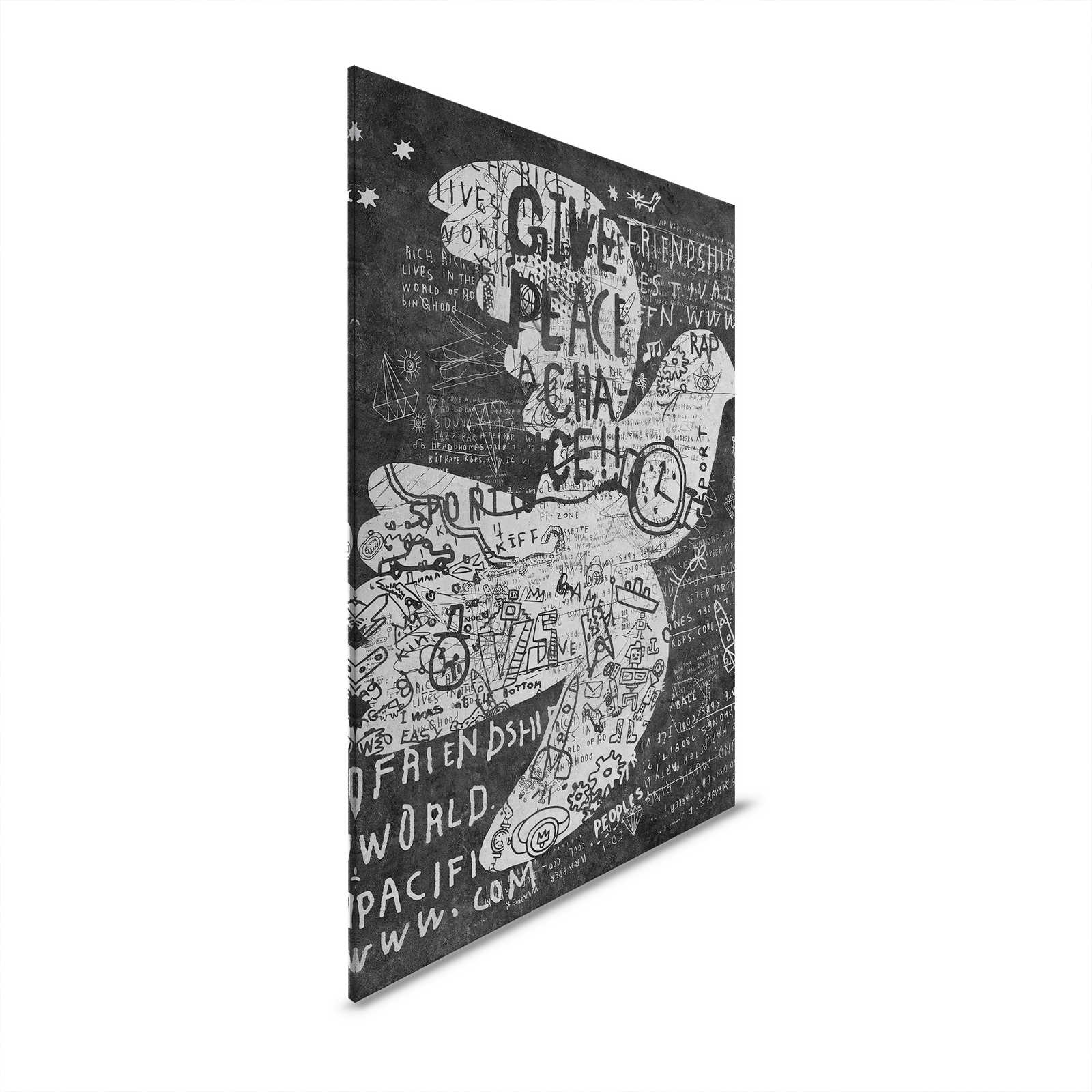 Strade di Londra 1 - Pittura su tela con scarabocchi Colomba in bianco e nero - 0,80 m x 1,20 m
