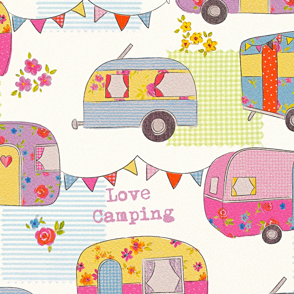             Carta da parati per camera dei bambini viaggio e campeggio, fantasia - colorata, crema
        