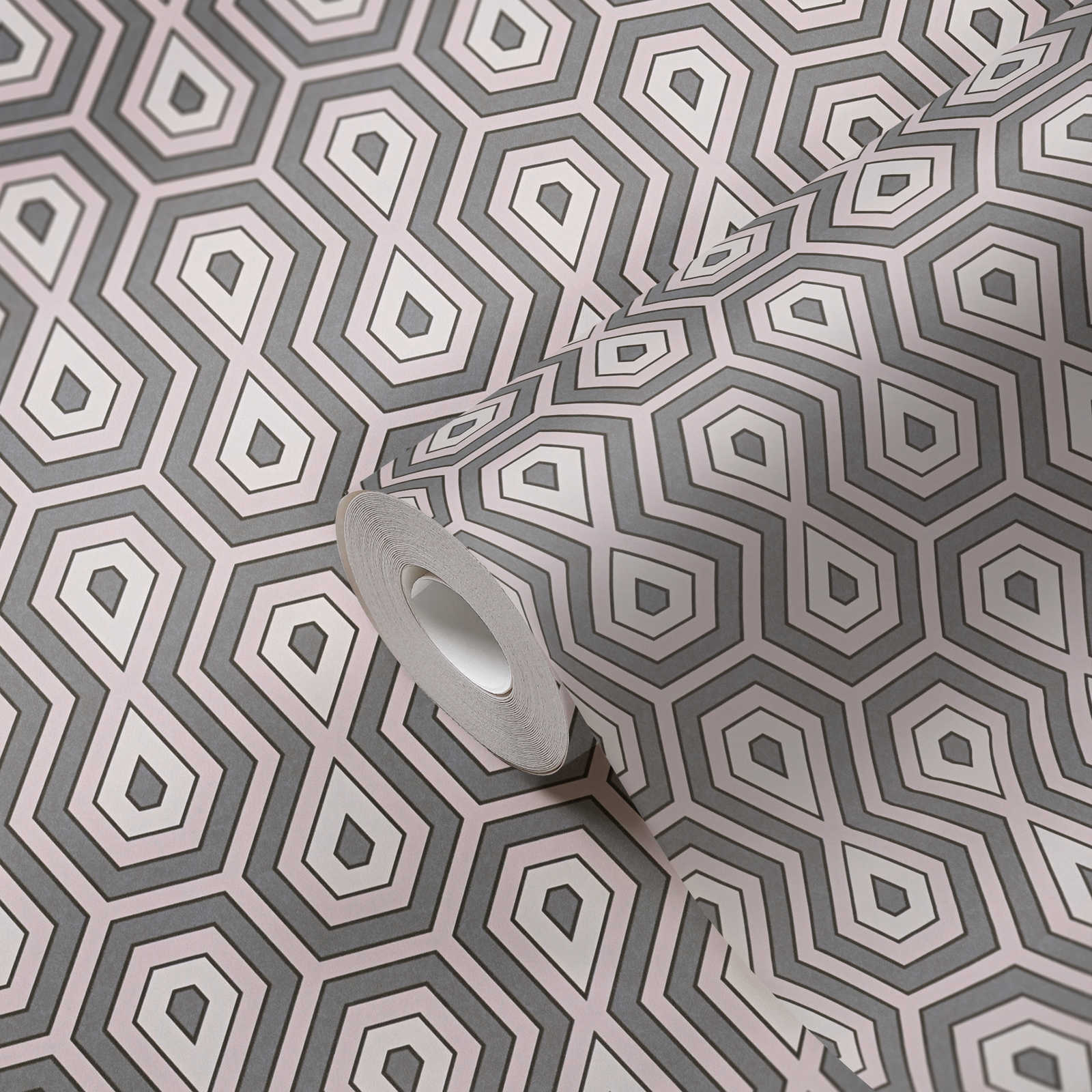             Wallpaper metallic retro pattern with 70s graphic design - pink, grey, white
        