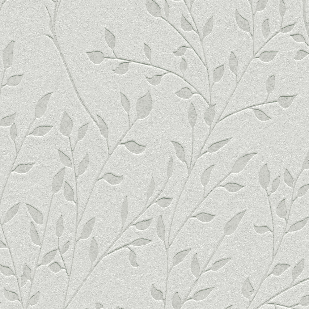             Papel pintado gris liso con estampado de hojas, efecto brillo y textura
        