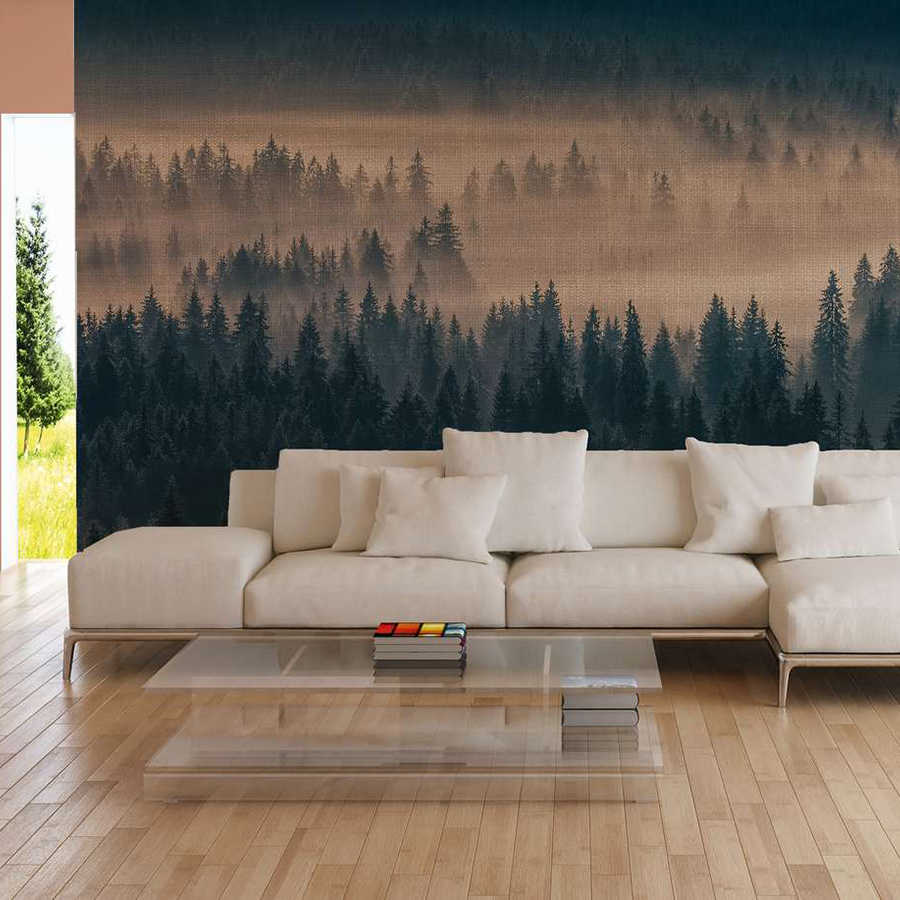 Forest Landscape Wallpaper on Linen Texture Optics - Blue, Beige
