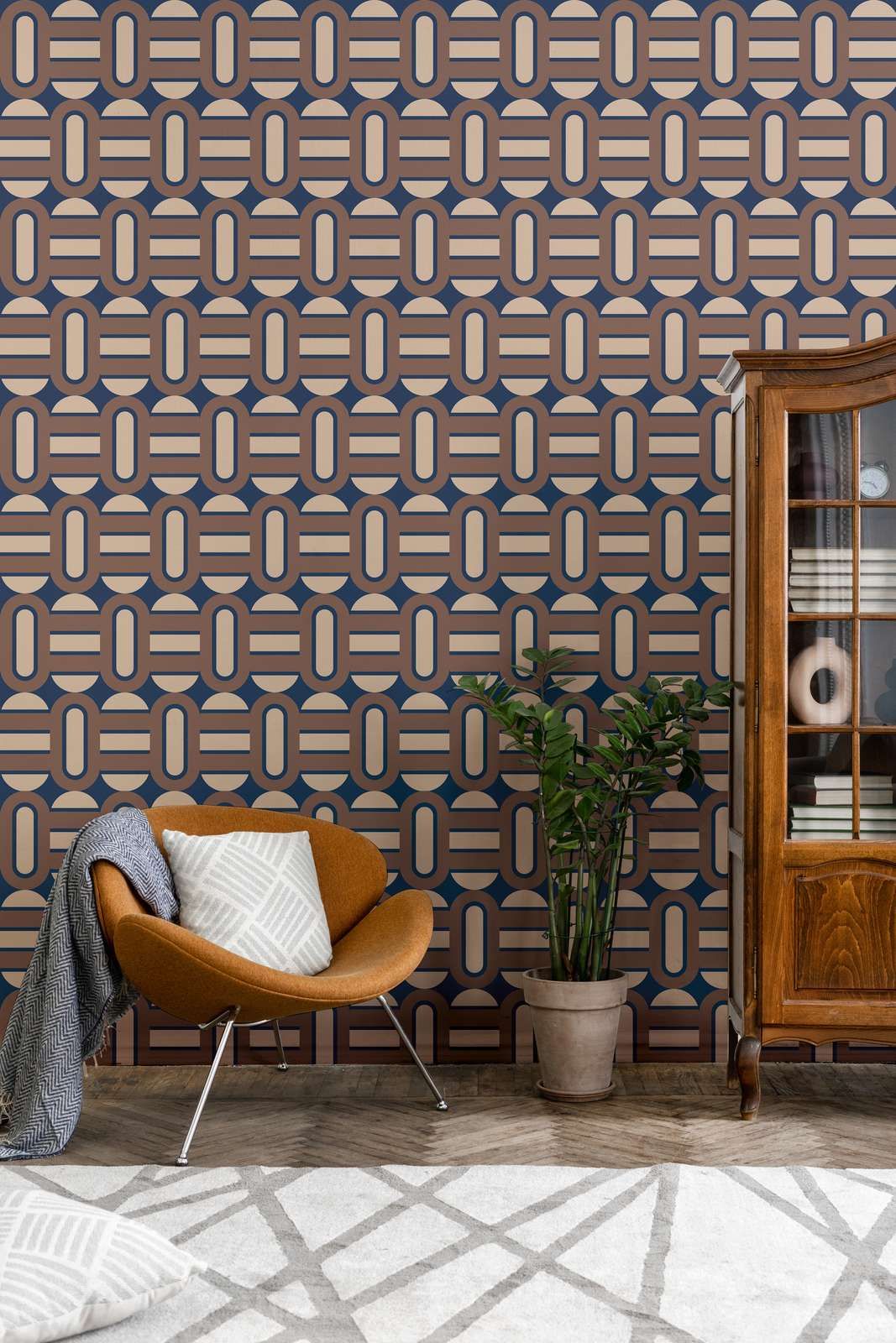             Retro style wallpaper decorated with ovals and bars - blue, brown, beige
        