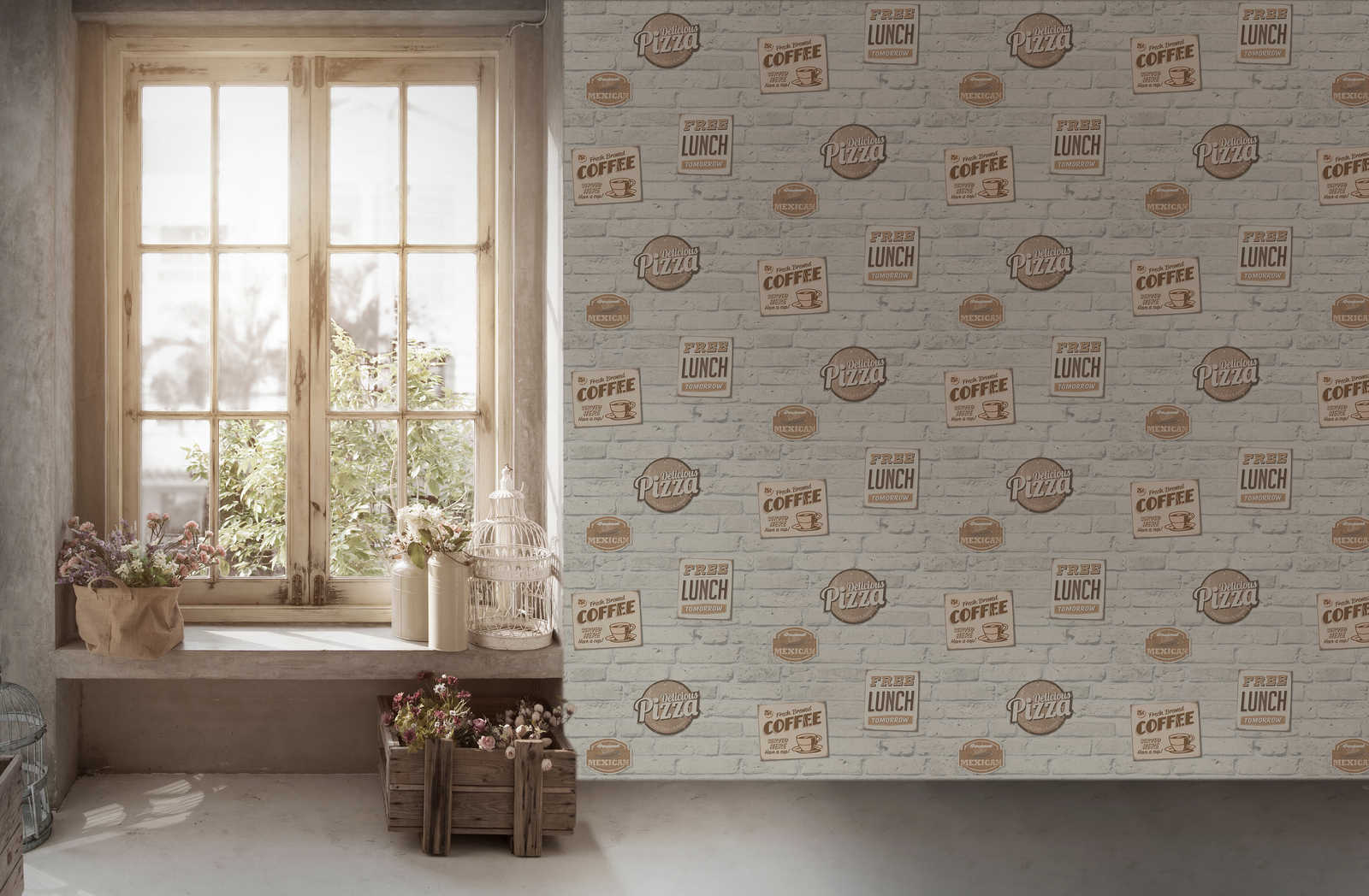             Zelfklevend behang | Witte bakstenen muur met reclameborden
        