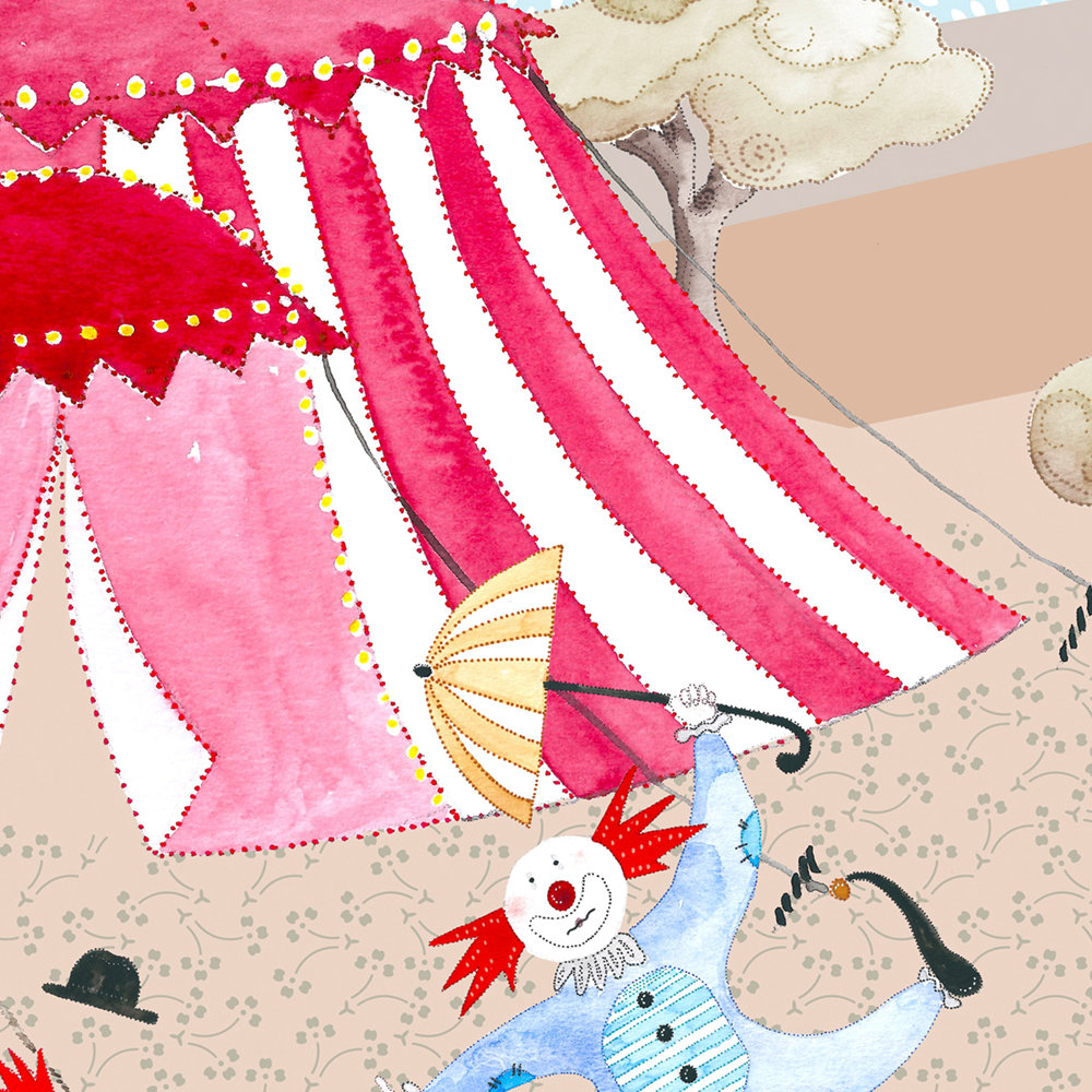             Papel pintado infantil Dibujo de carpa de circo con artistas en nácar liso
        