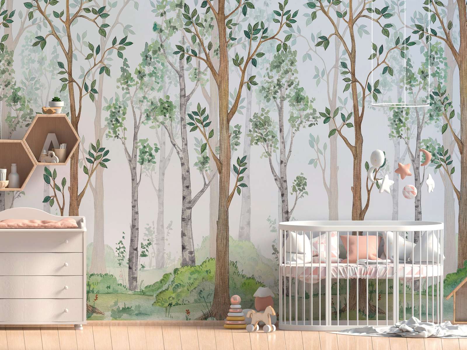             Mural de pared con bosque pintado para habitación infantil - Verde, Marrón, Blanco
        