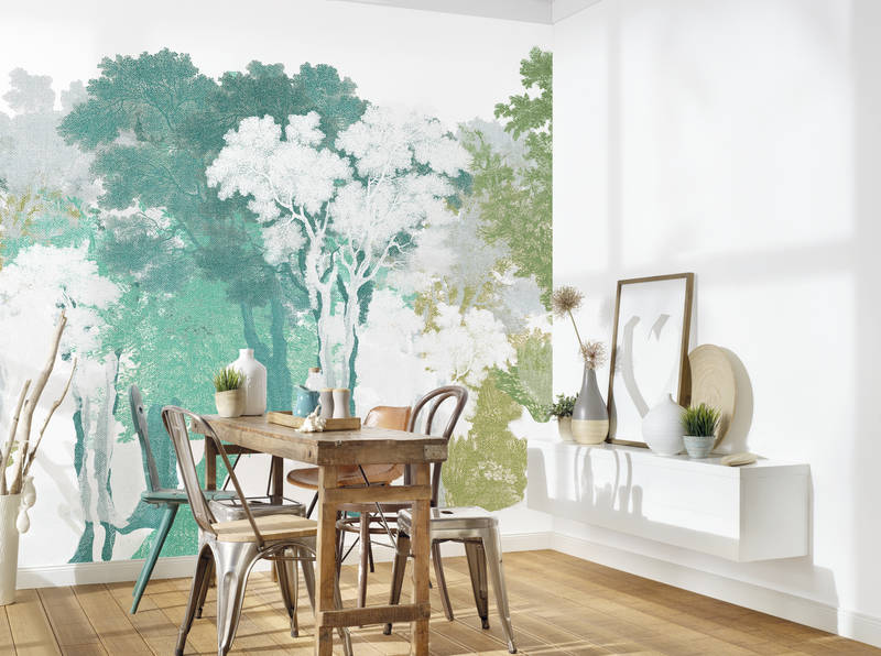             Muurschildering met bomenmotief, bos & linnenlook - groen, wit, grijs
        