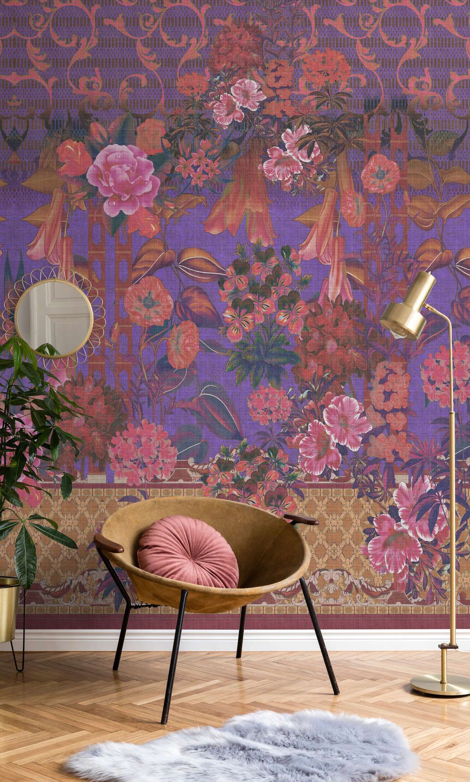             Photo wallpaper »sati 1« - Floral design with linen structure look - Purple | Smooth, slightly shiny premium non-woven fabric
        