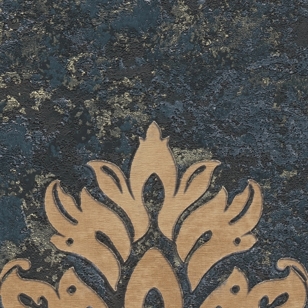             Carta da parati ornamentale con stile floreale ed effetto oro - beige, blu, marrone
        