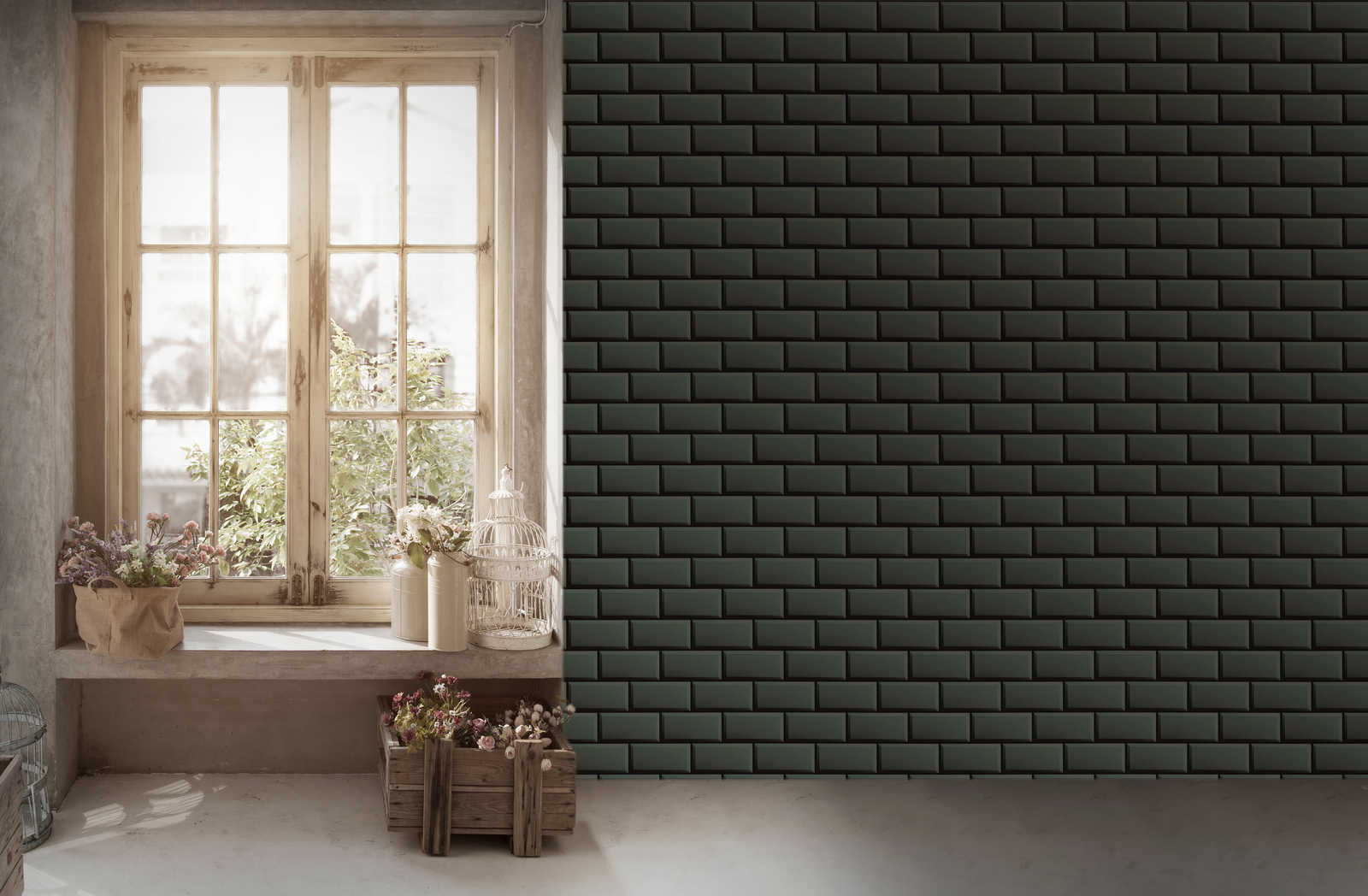             Non-woven wallpaper bathroom tiles in grey-black
        