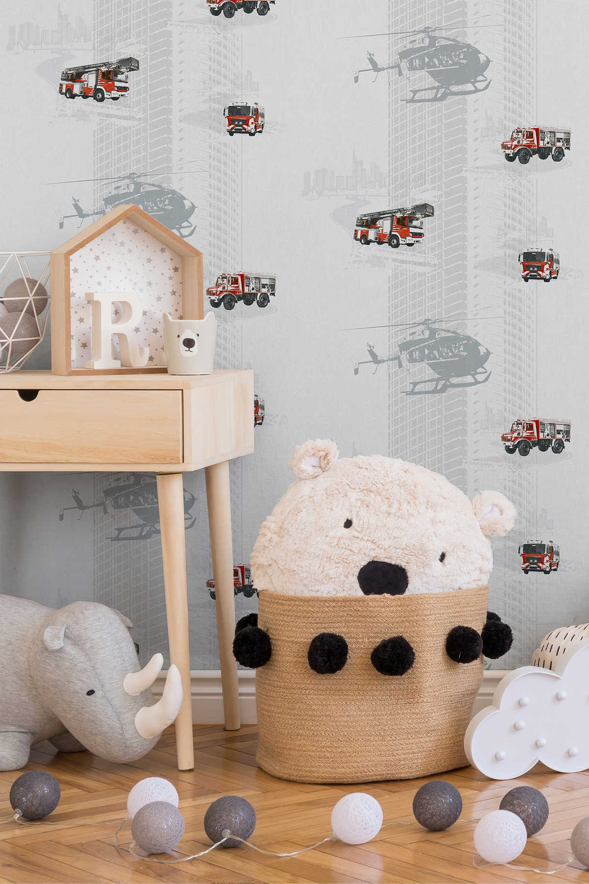             Nursery wallpaper fire department for boys - grey, red
        