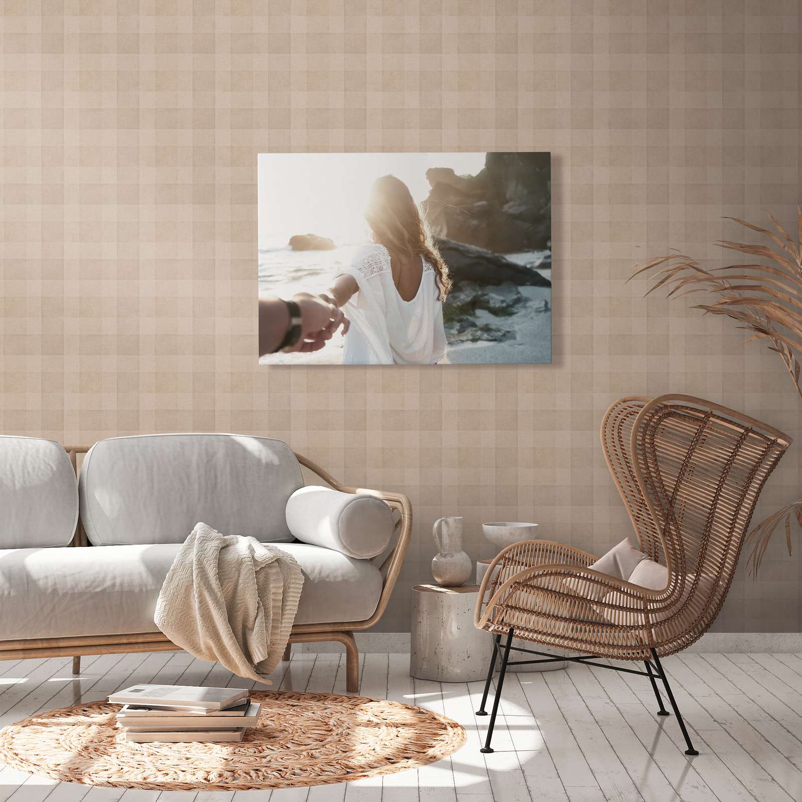             Non-woven wallpaper with check pattern & linen look PVC-free - brown
        