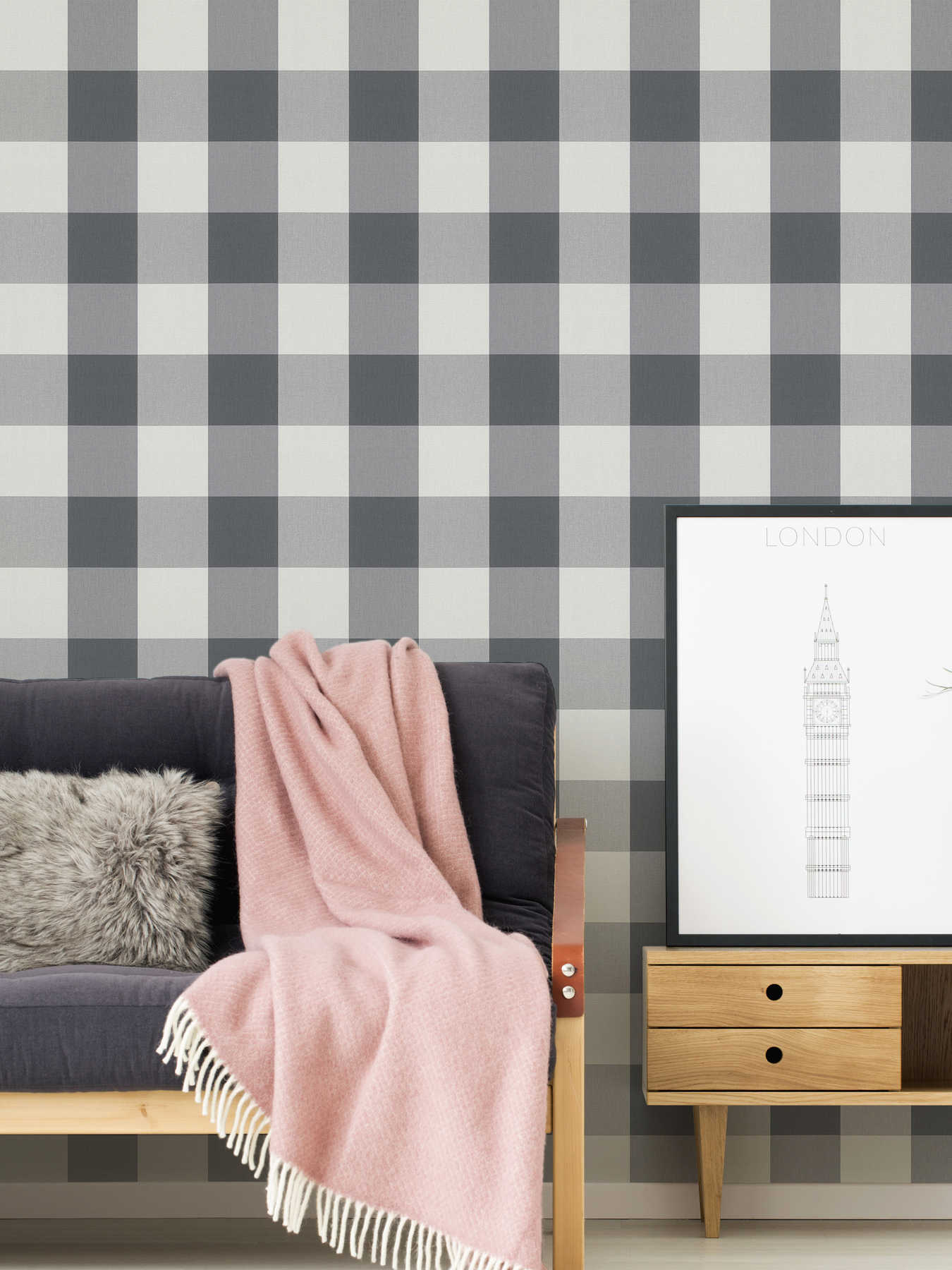             Plaid wallpaper with textile look in harmonious colours - white, grey
        