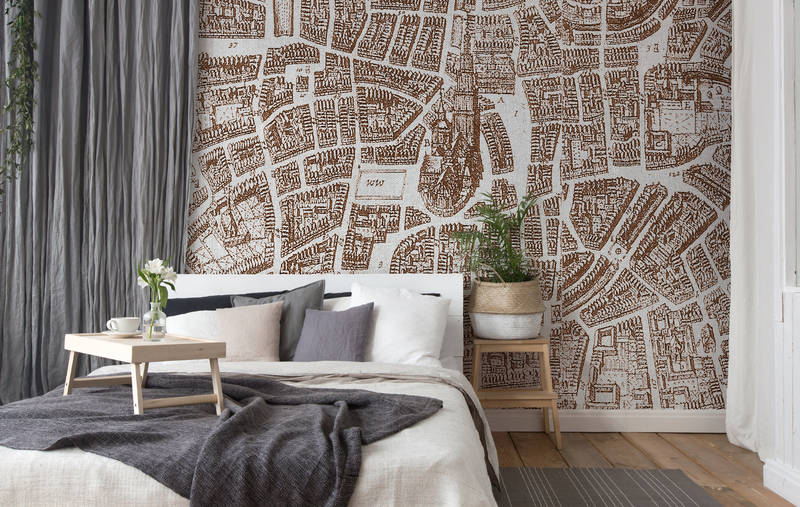             Photo wallpaper city map vintage look - brown, white
        