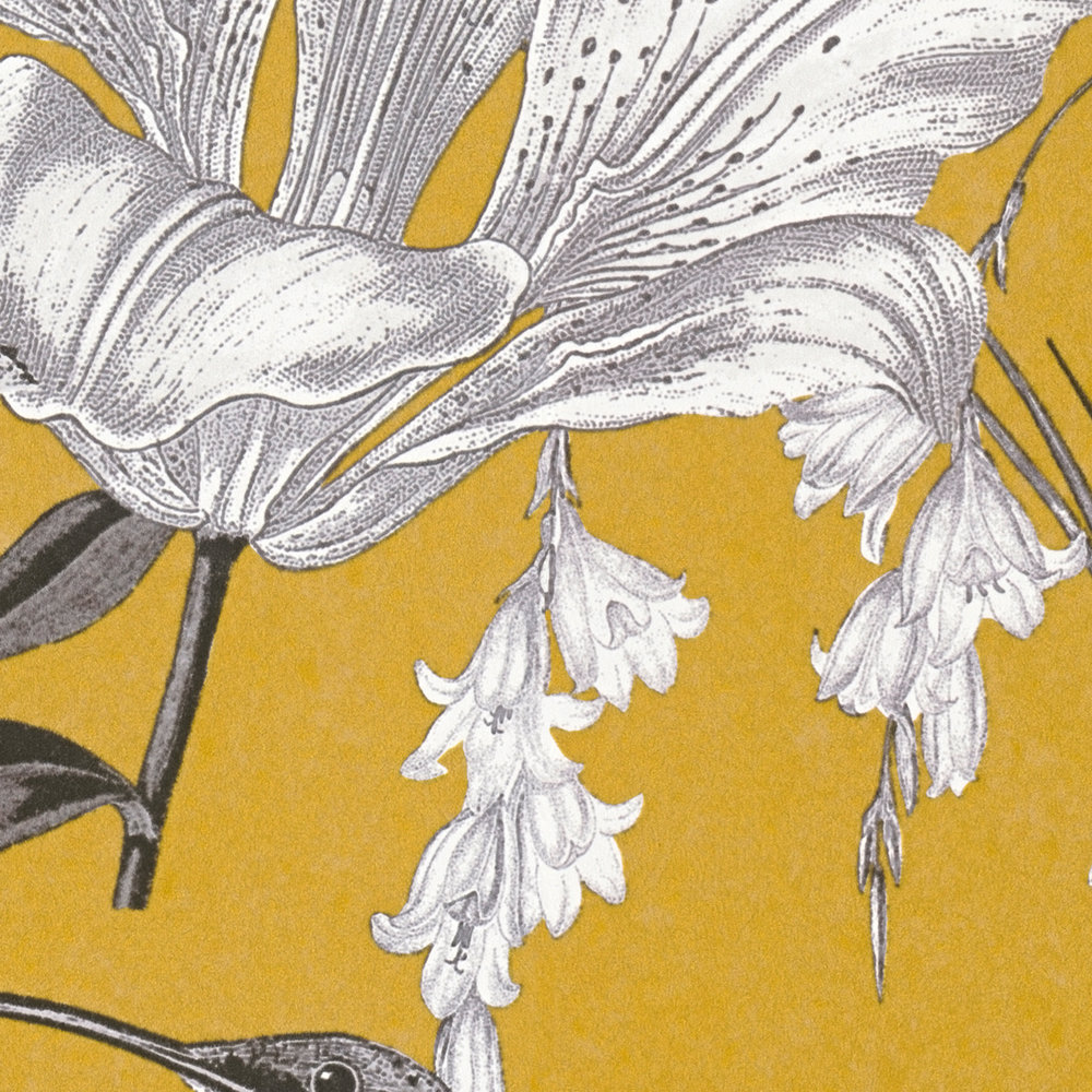             Bloemen behang mosterdgeel met bloemen & kolibrie patroon - geel, grijs, zwart
        