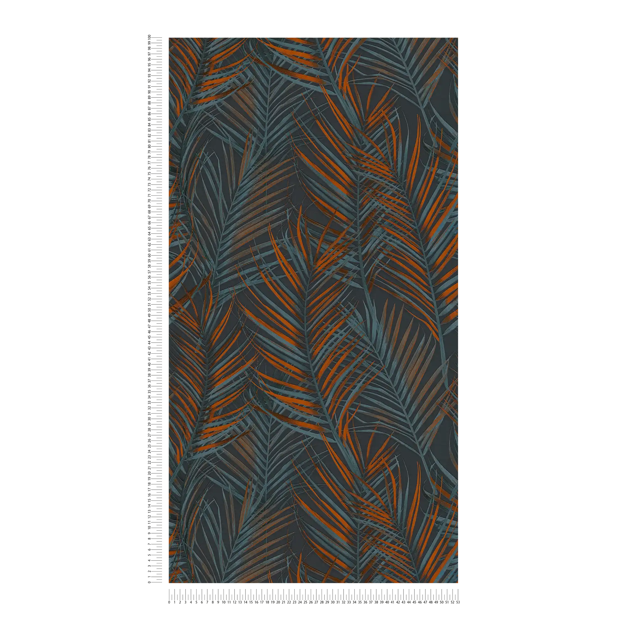             Jungle behang met palmbladeren in mat - zwart, oranje, petrol
        