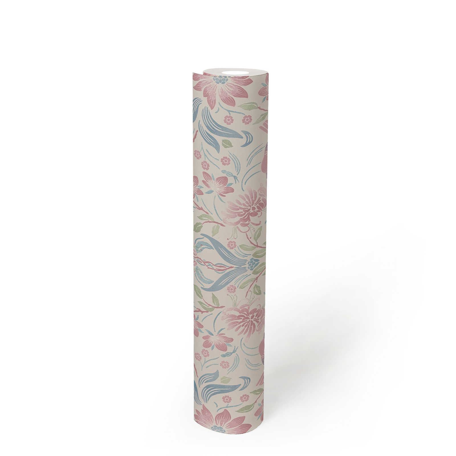             Papel pintado con motivos florales y pájaros - crema, azul, rosa
        