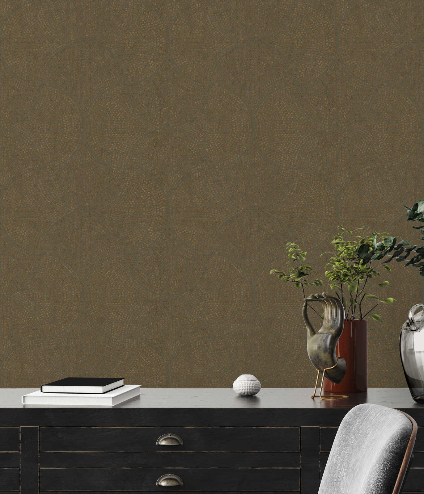             Brown wallpaper with copper pattern in mosaic style - brown, metallic
        