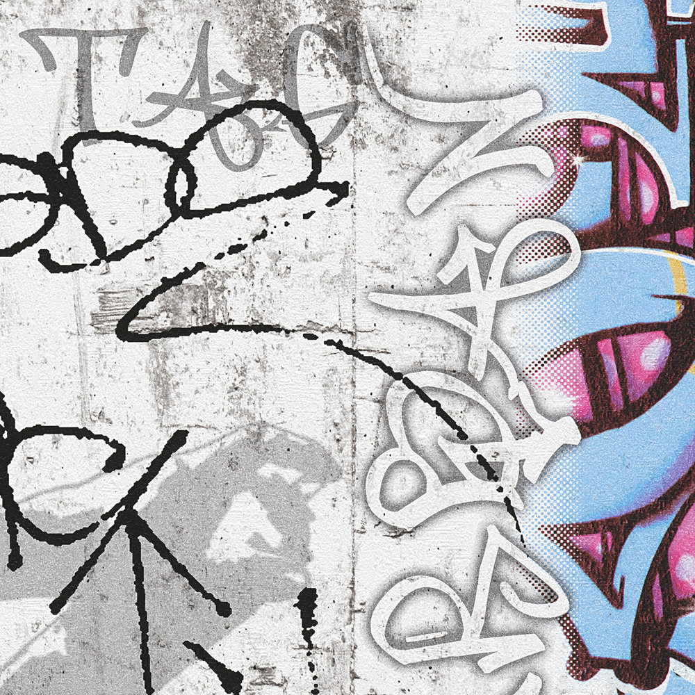             Graffiti wallpaper with concrete look & graphic design - grey, blue
        