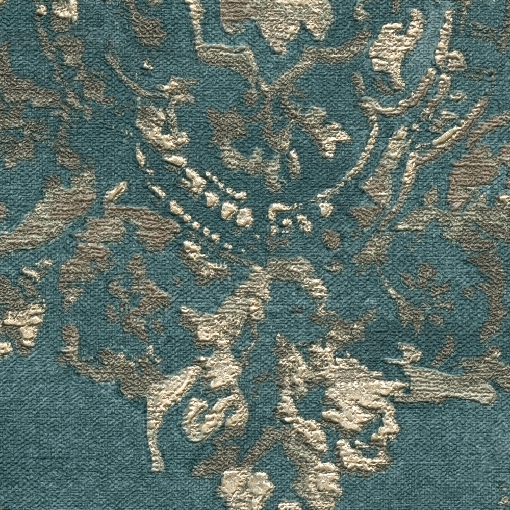            Papier peint pétrole avec motif ornemental classique - bleu, métallique
        