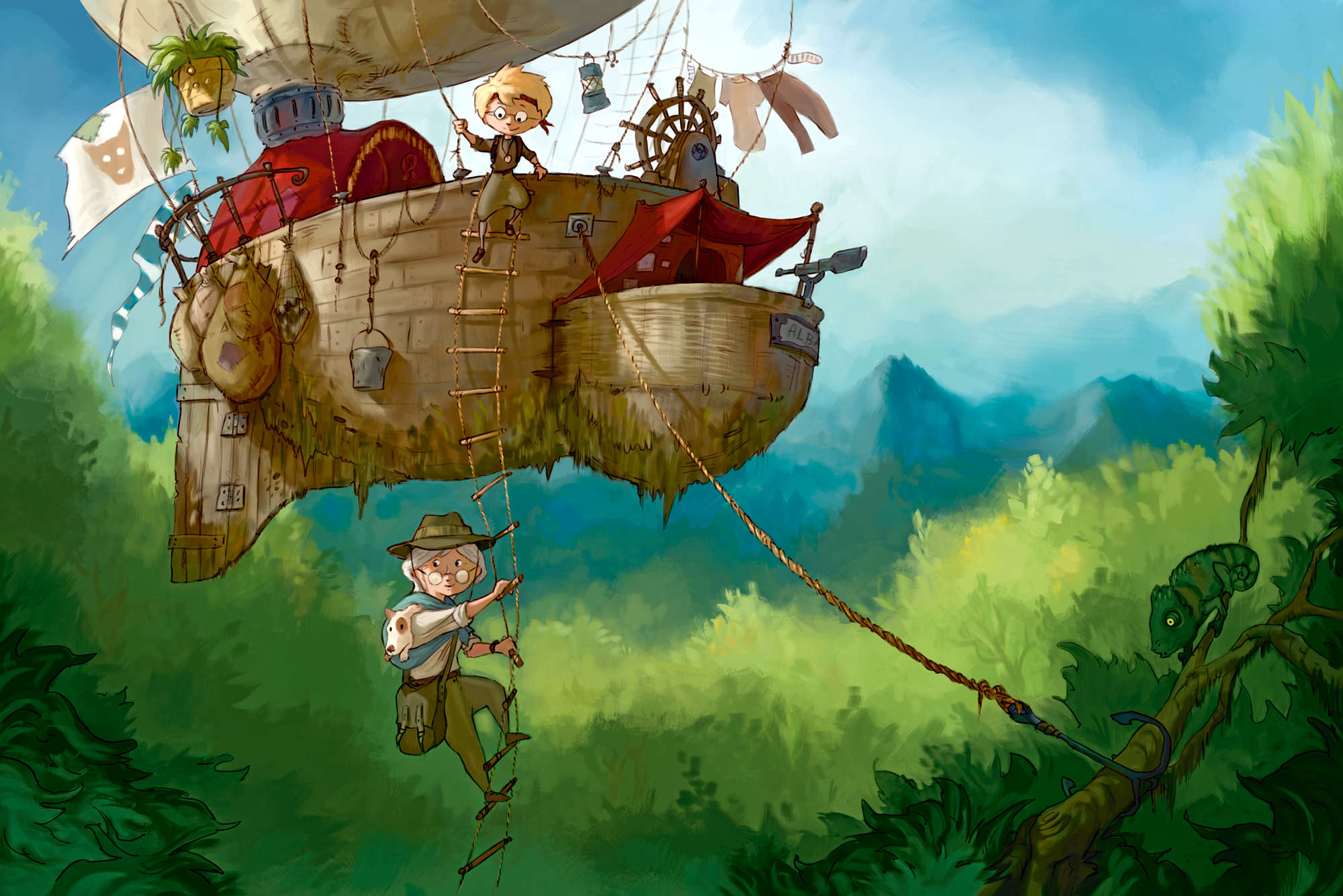             Mural infantil Aventurero con barco volador sobre vellón liso de nácar
        