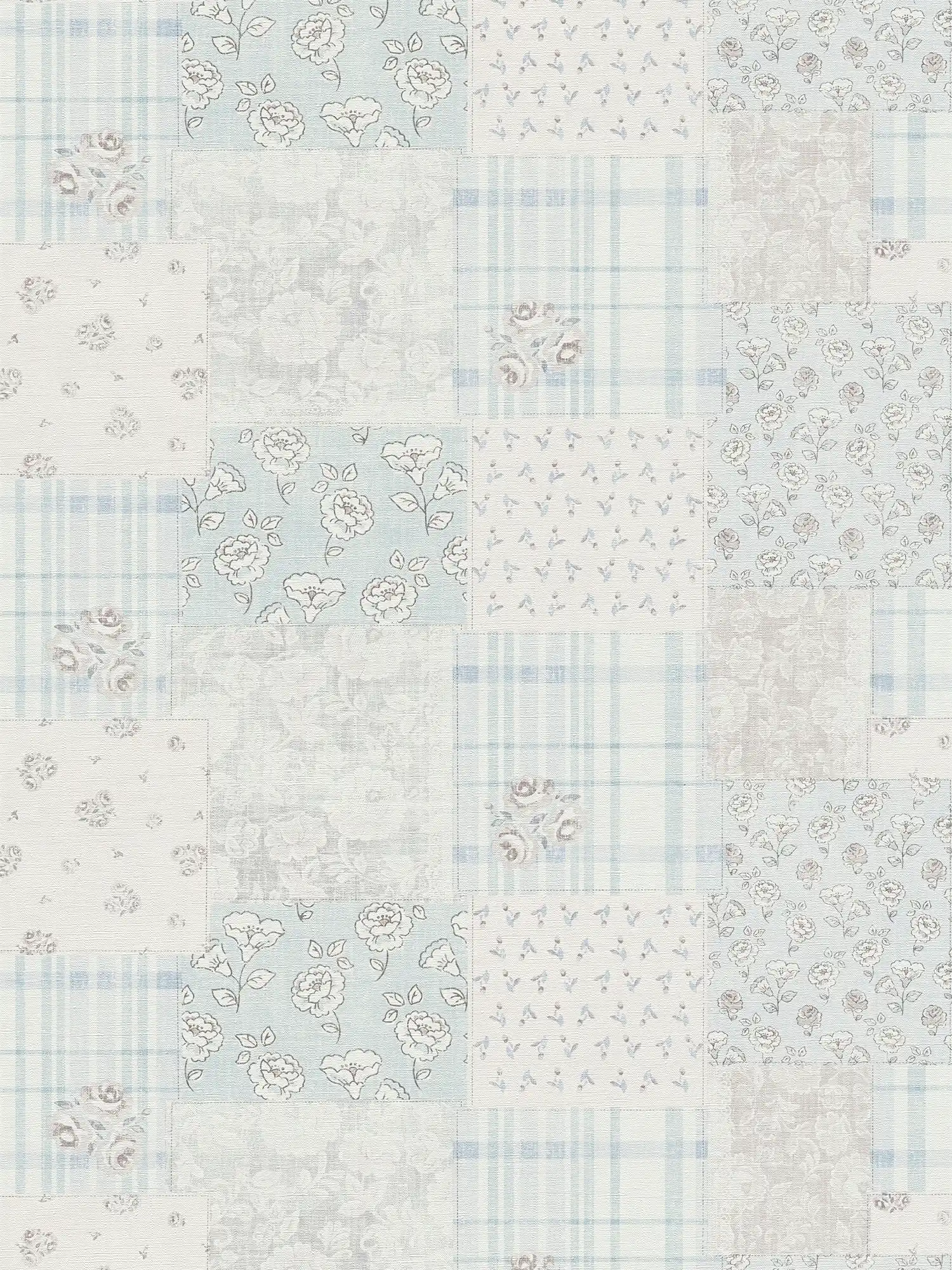 Vliesbehang bloemenpatroon en geruit landelijke stijl - lichtblauw, grijs, wit

