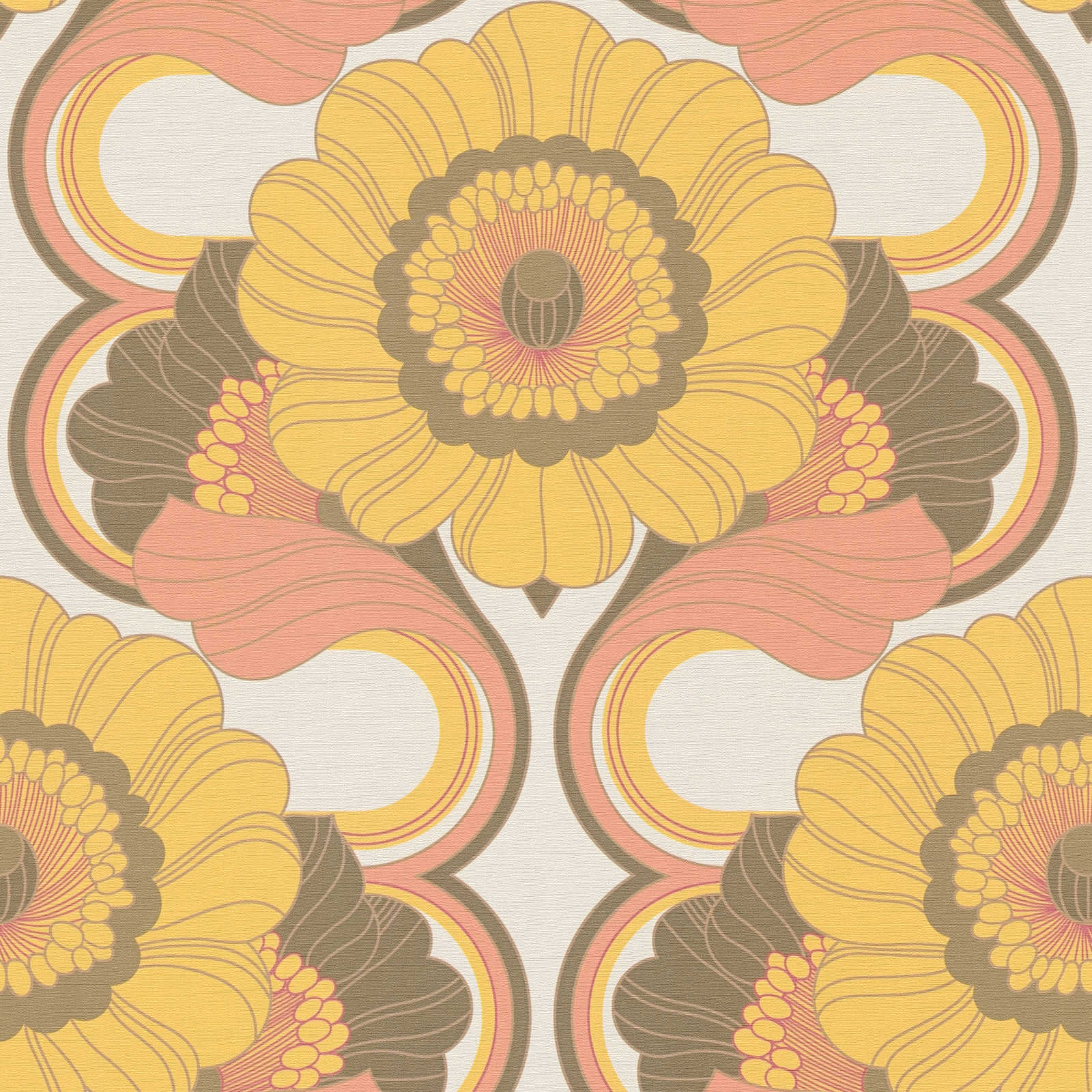 Floral retro wallpaper with floral pattern in warm colours - brown, yellow, orange
