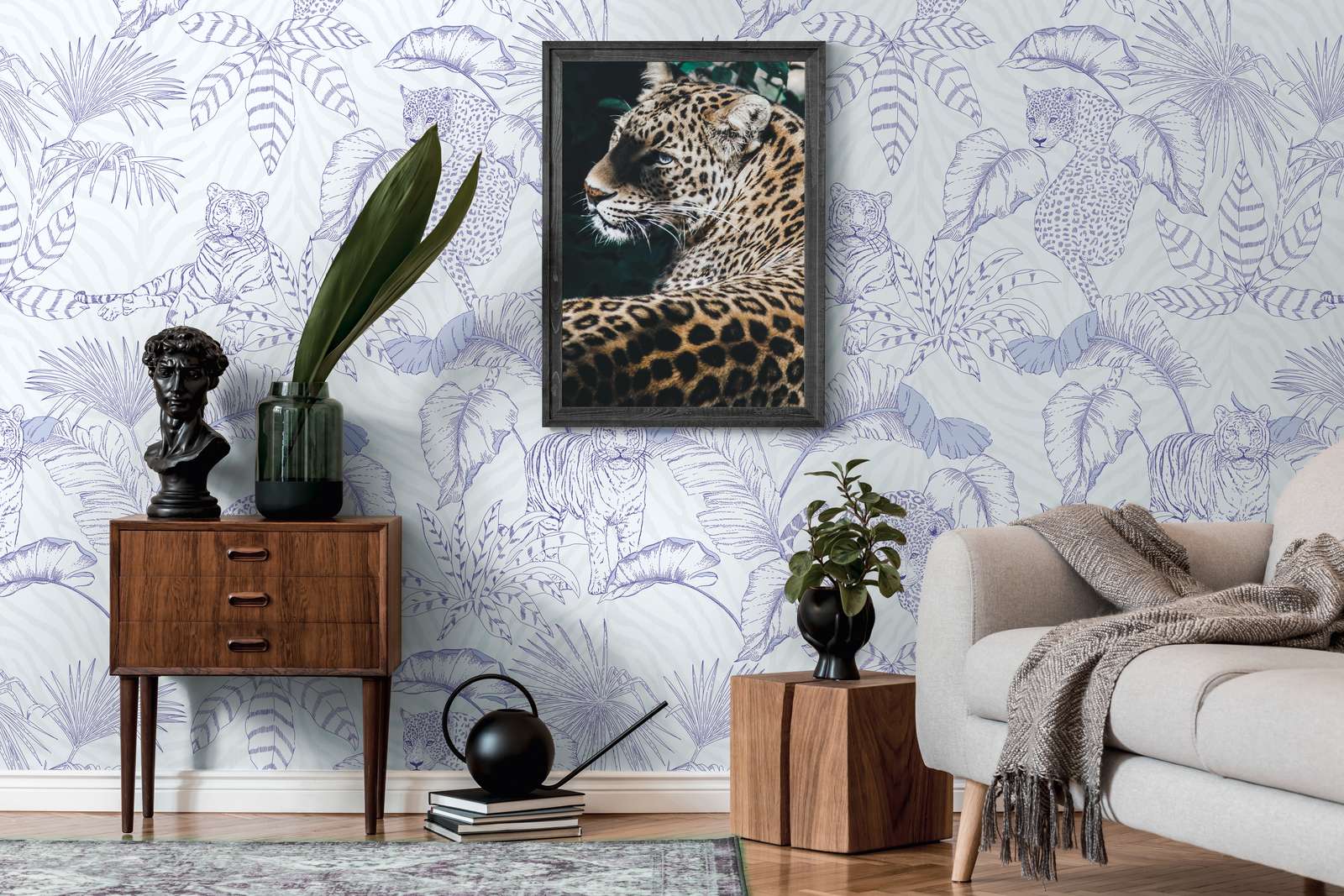             Jungle motif non-woven wallpaper with tigers and leopards - purple, white
        