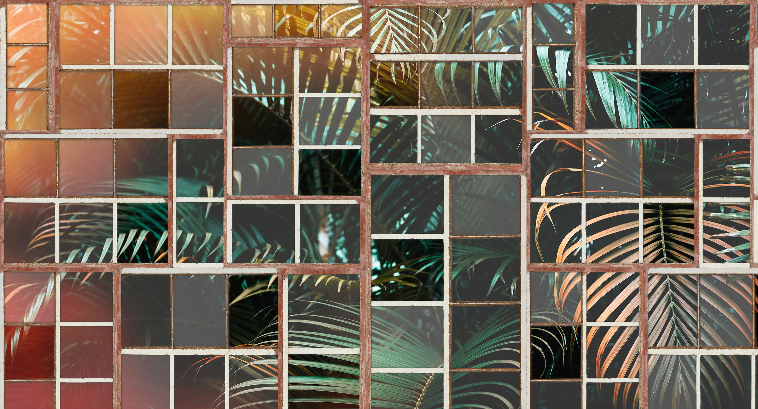             Photo wallpaper with view, retro window & ferns - brown, white, green
        