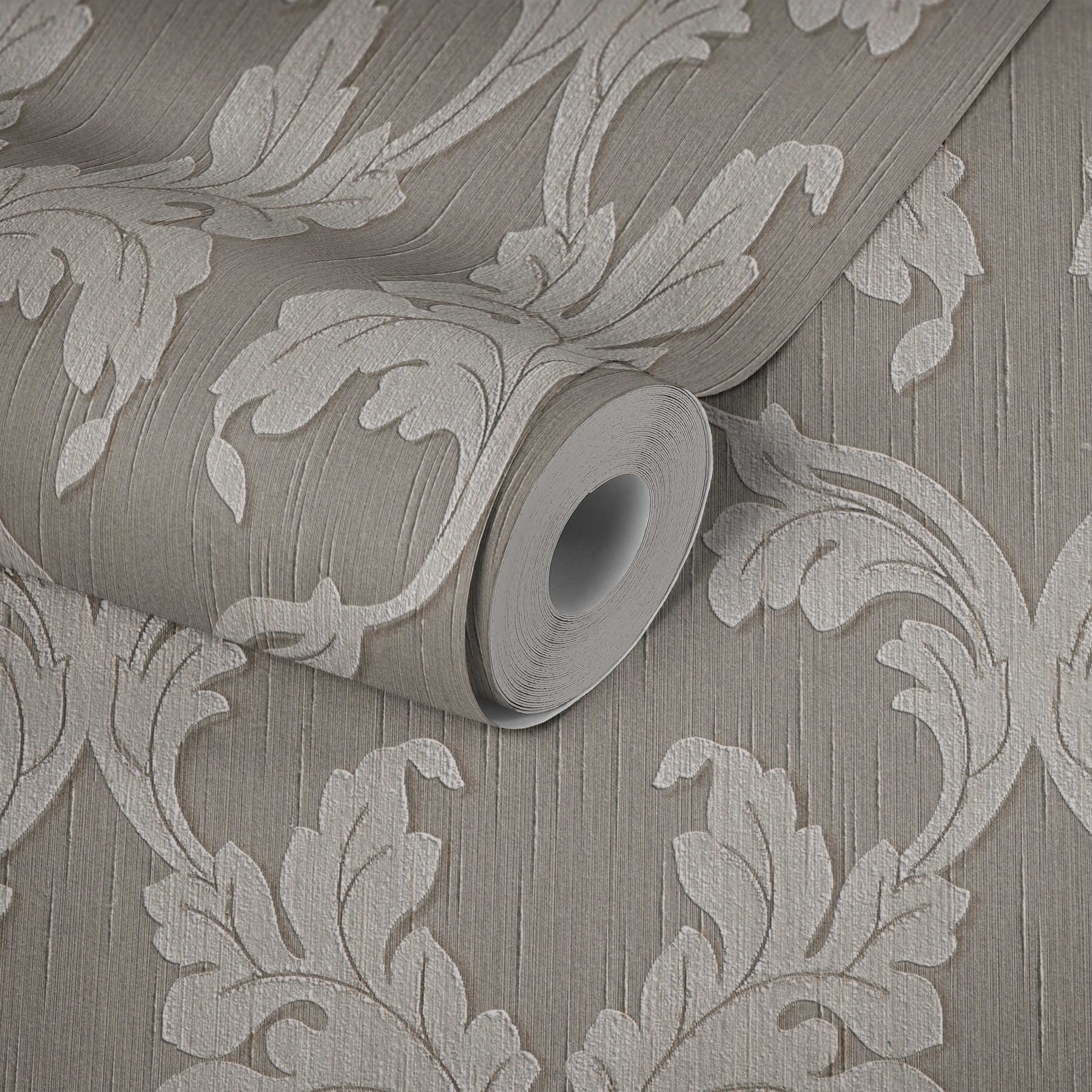             Baroque wallpaper with floral tendrils ornaments - grey, beige
        