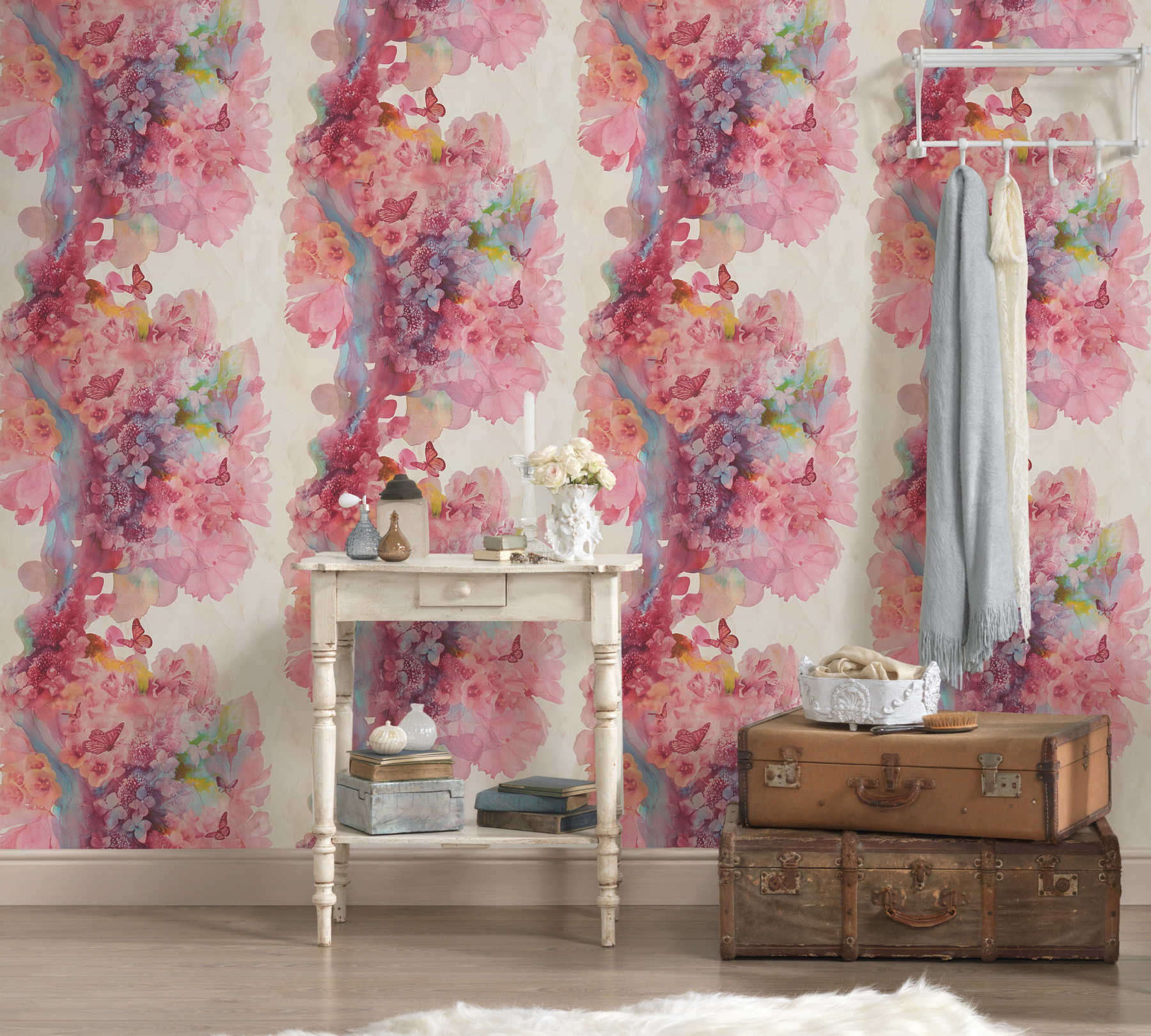             Wallpaper watercolour with flowers & butterflies - colourful
        