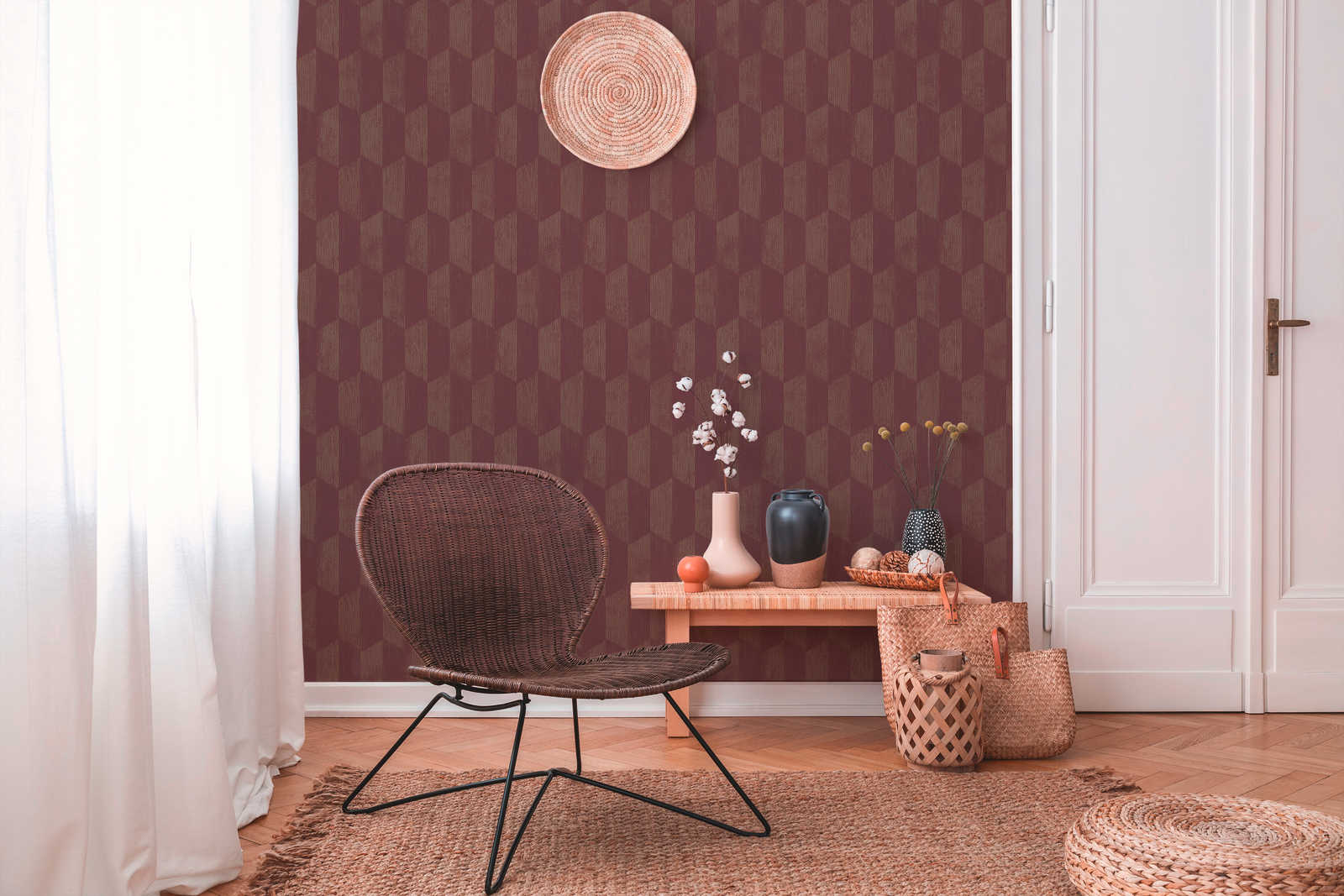             Textured wallpaper with 3D graphic pattern - metallic, red
        