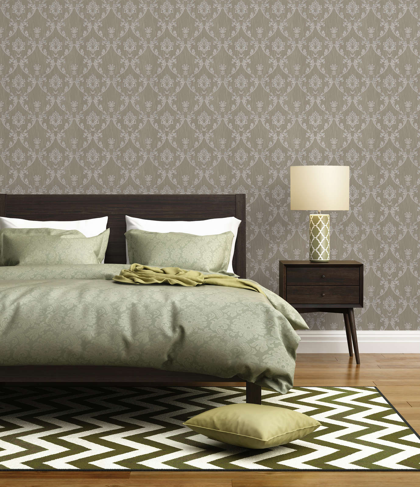             Ornamental wallpaper with floral elements in silver - silver, brown
        