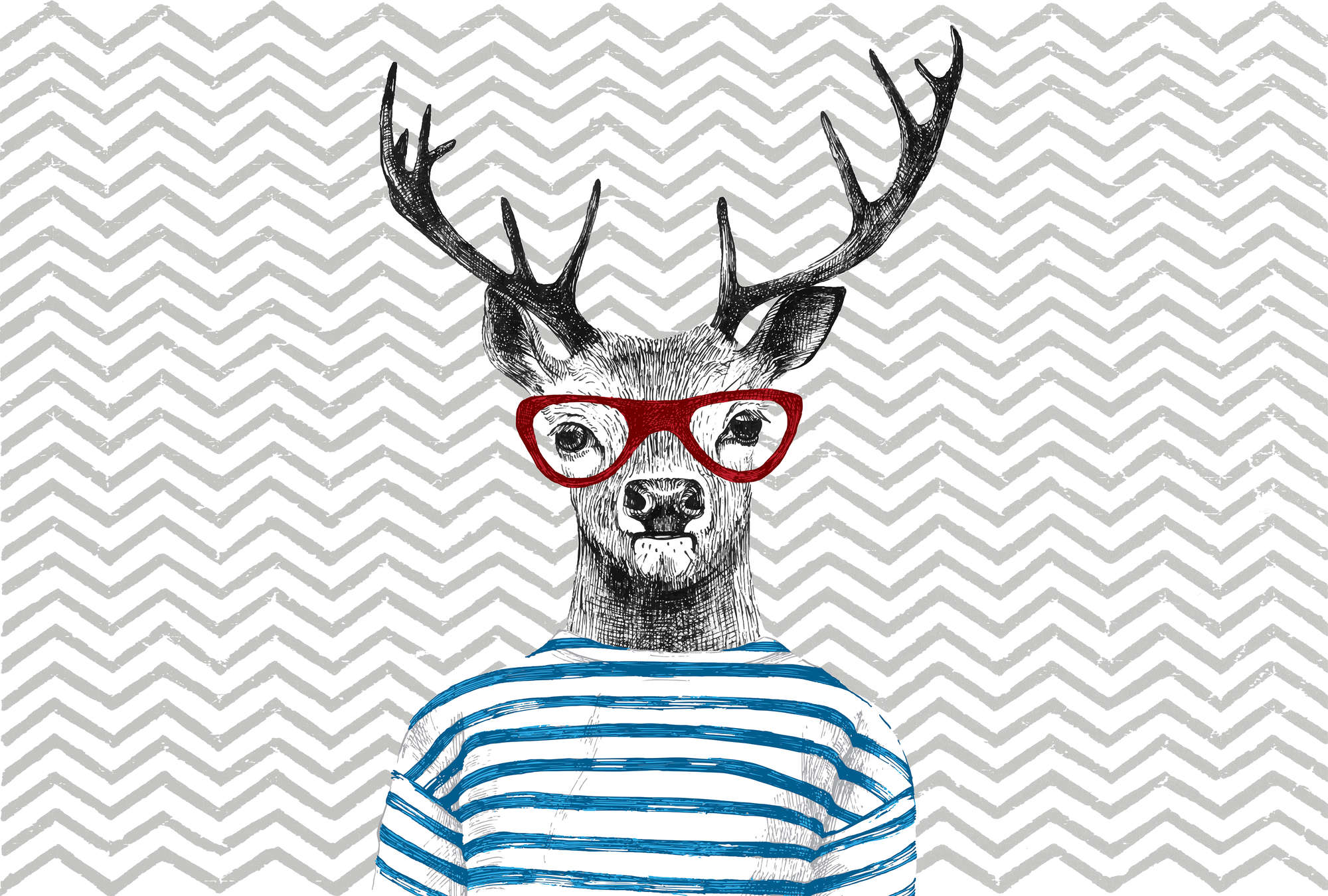             Nursery mural comic design, deer with glasses - blue, grey, red
        