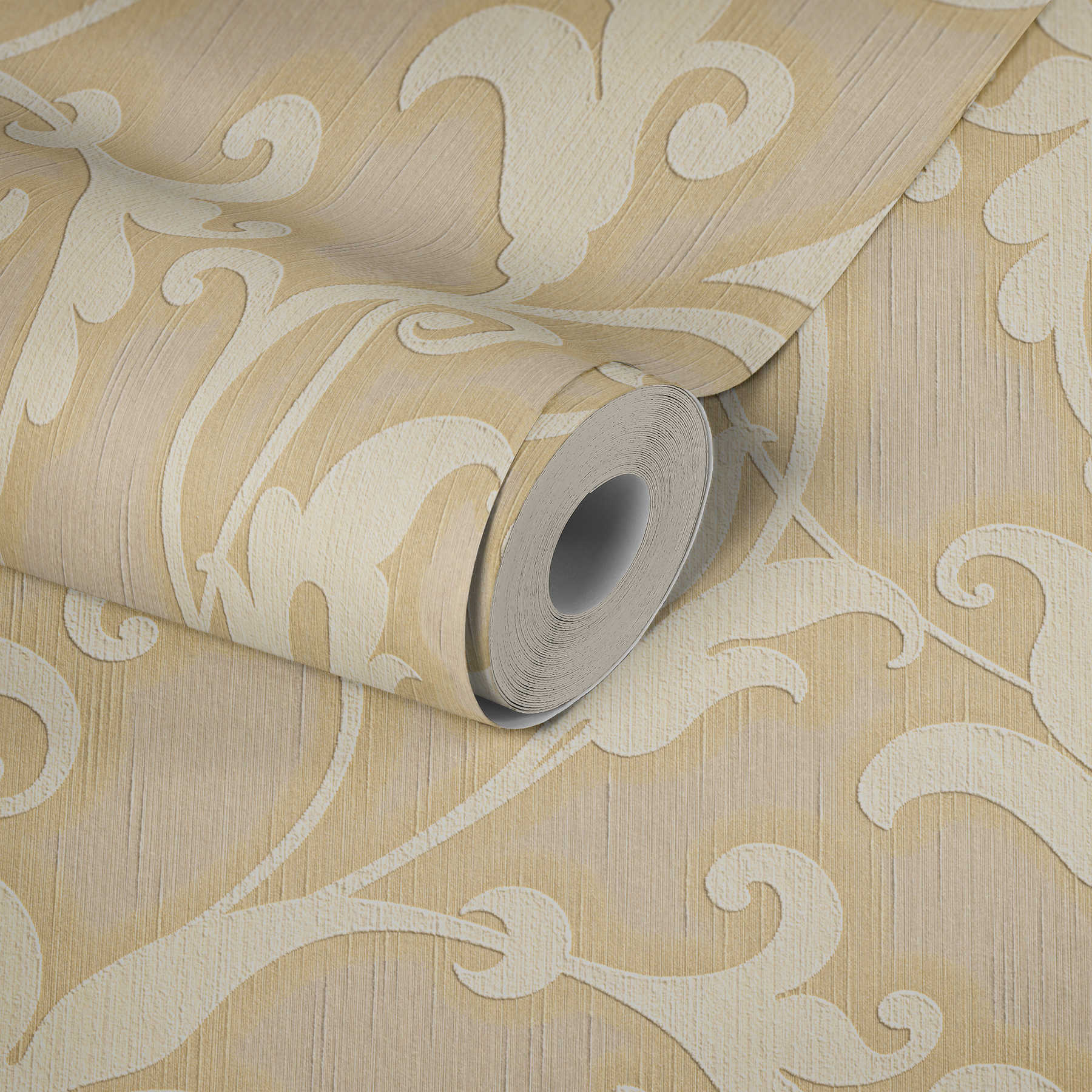             Baroque wallpaper with textile structure & embossed pattern - yellow, gold
        