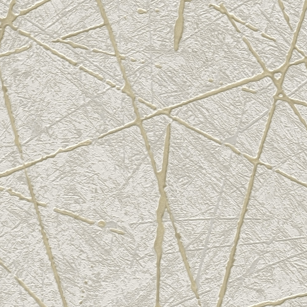             Vliesbehang met grafische lijnen & metaaleffect - crème, grijs, goud
        