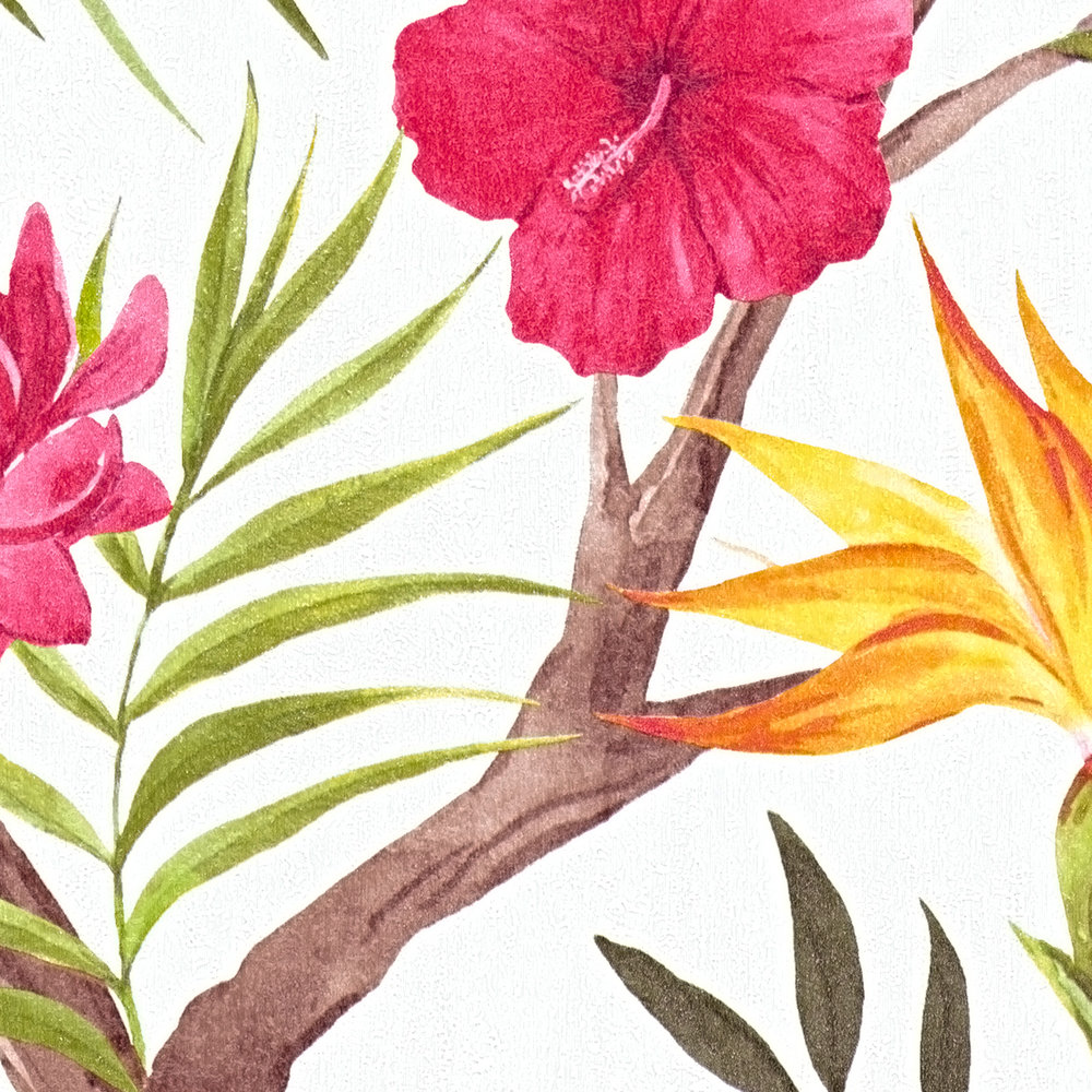             Papel pintado no tejido de flores de la selva en colores vivos - multicolor, rojo, amarillo, marrón, verde
        