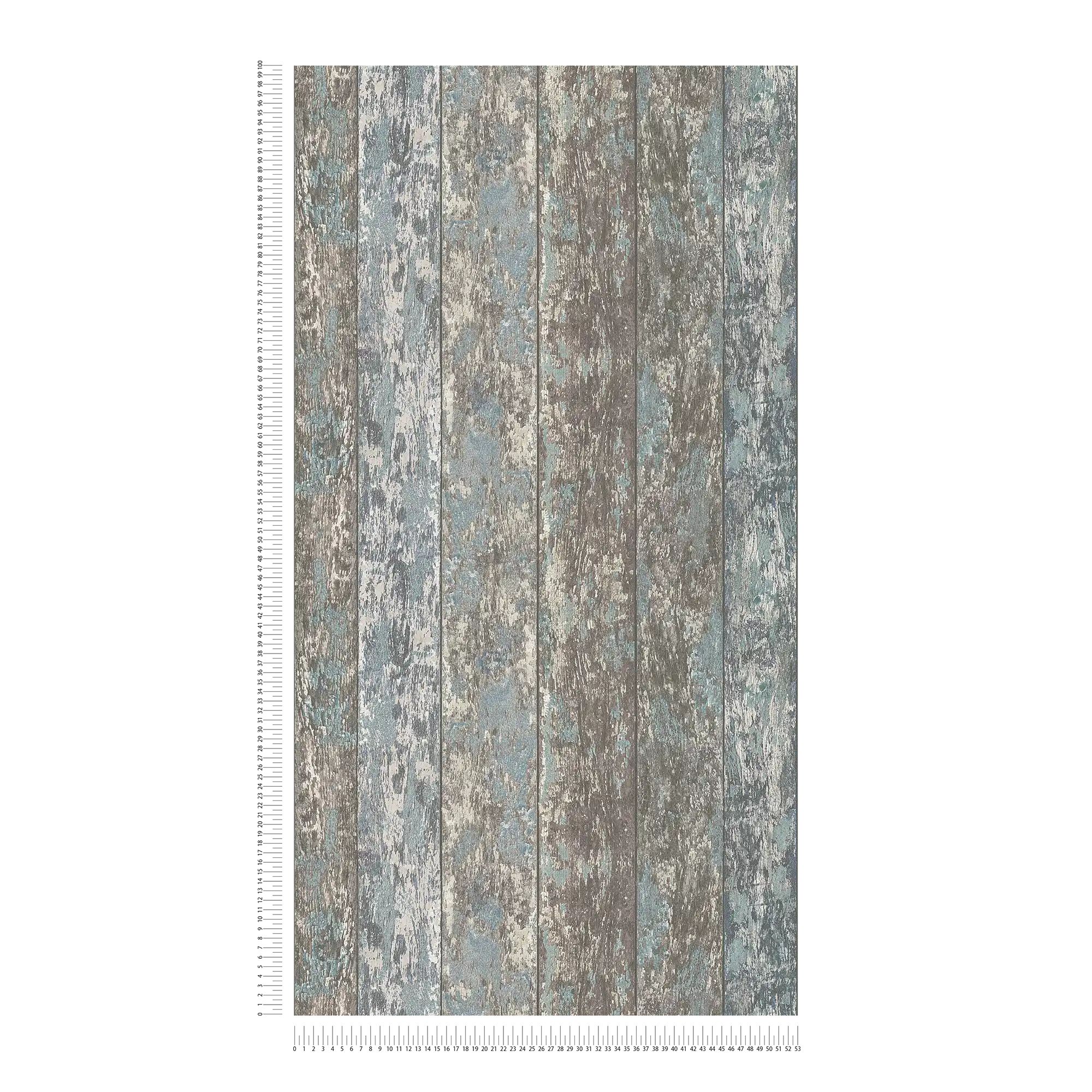             Wood effect non-woven wallpaper in shabby chic used look - blue, brown, grey
        
