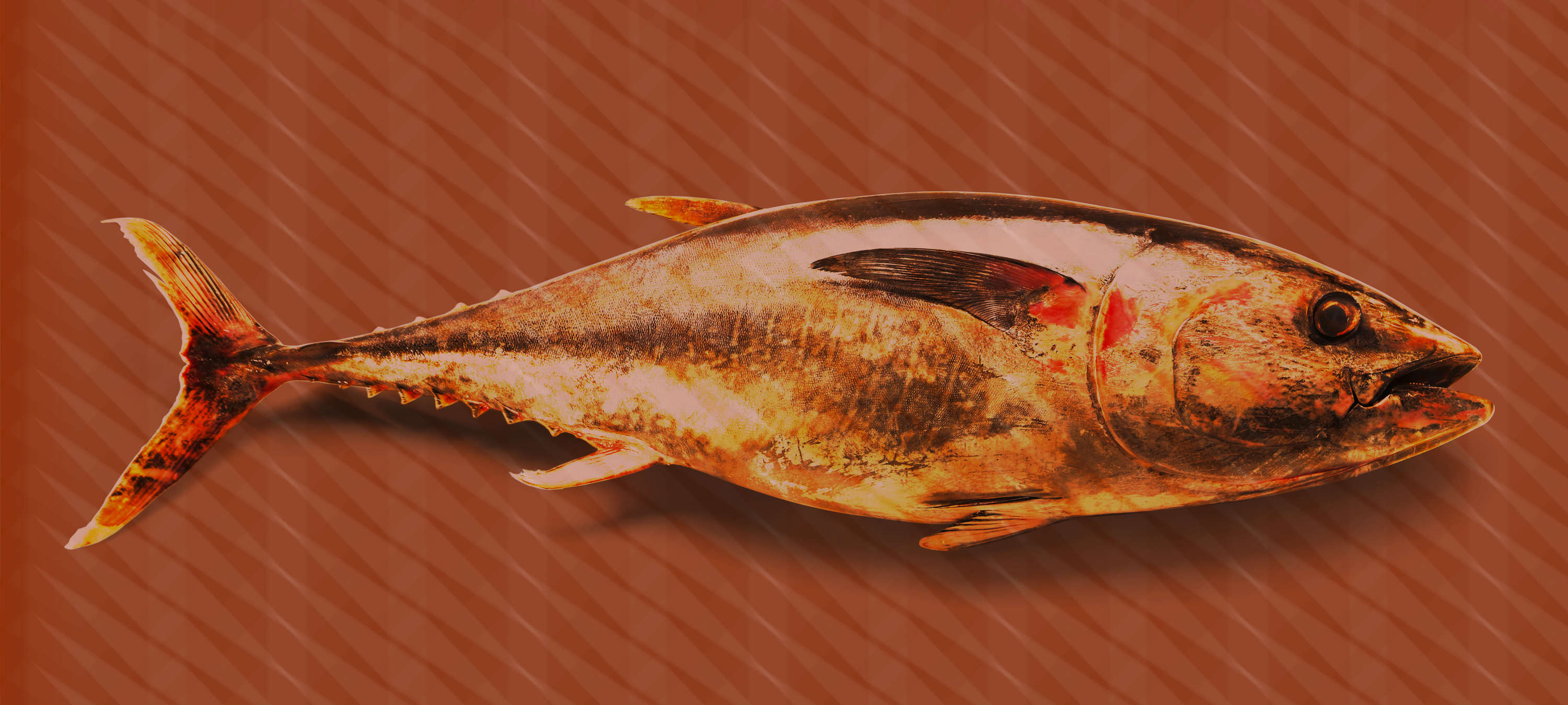             Carta da parati Tuna in design Pop Art, pesce e strisce - Rosso, arancione, giallo
        