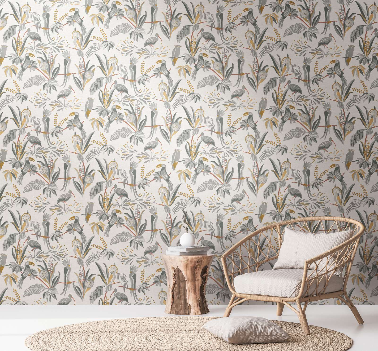             Jungle wallpaper with palm leaves & birds in linen look - grey, gold
        