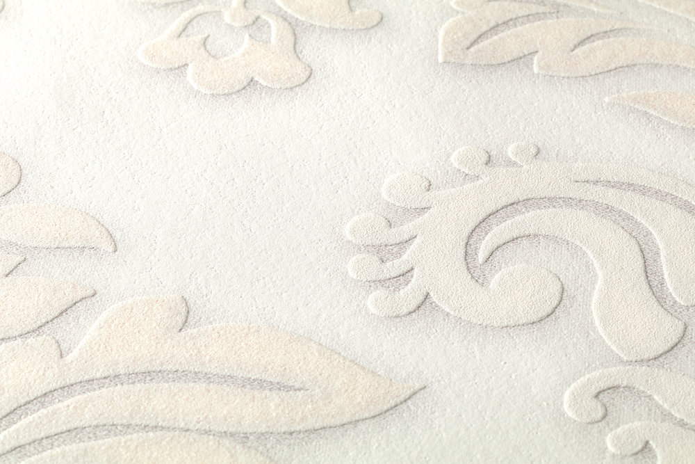             Papier peint baroque Ornements avec effet scintillant - blanc, argent, beige
        